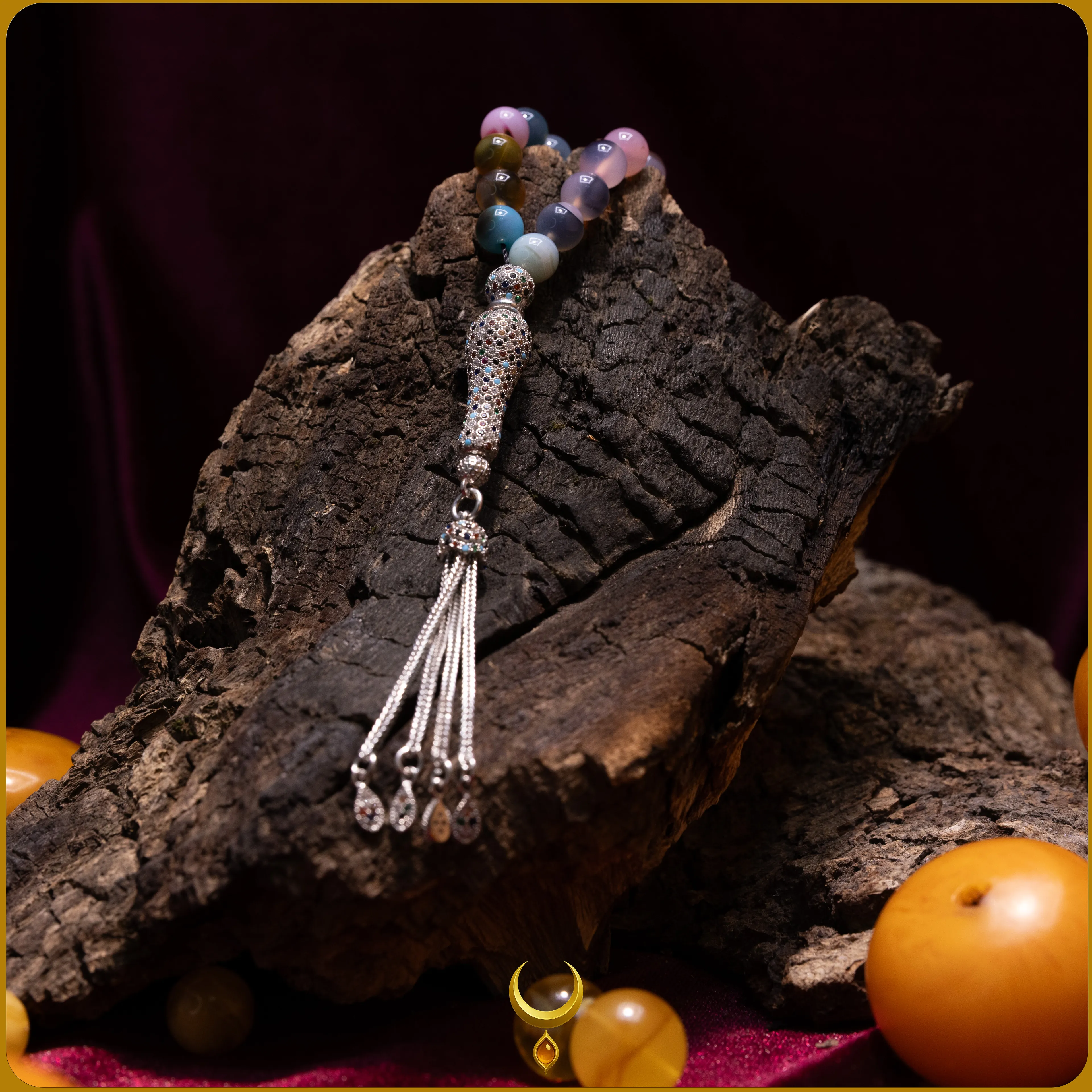 RENKLİ MİNE İŞLEMELİ 925 AYAR GÜMÜŞ PÜSKÜLLÜ AKİK DOĞAL TAŞ TESBİH