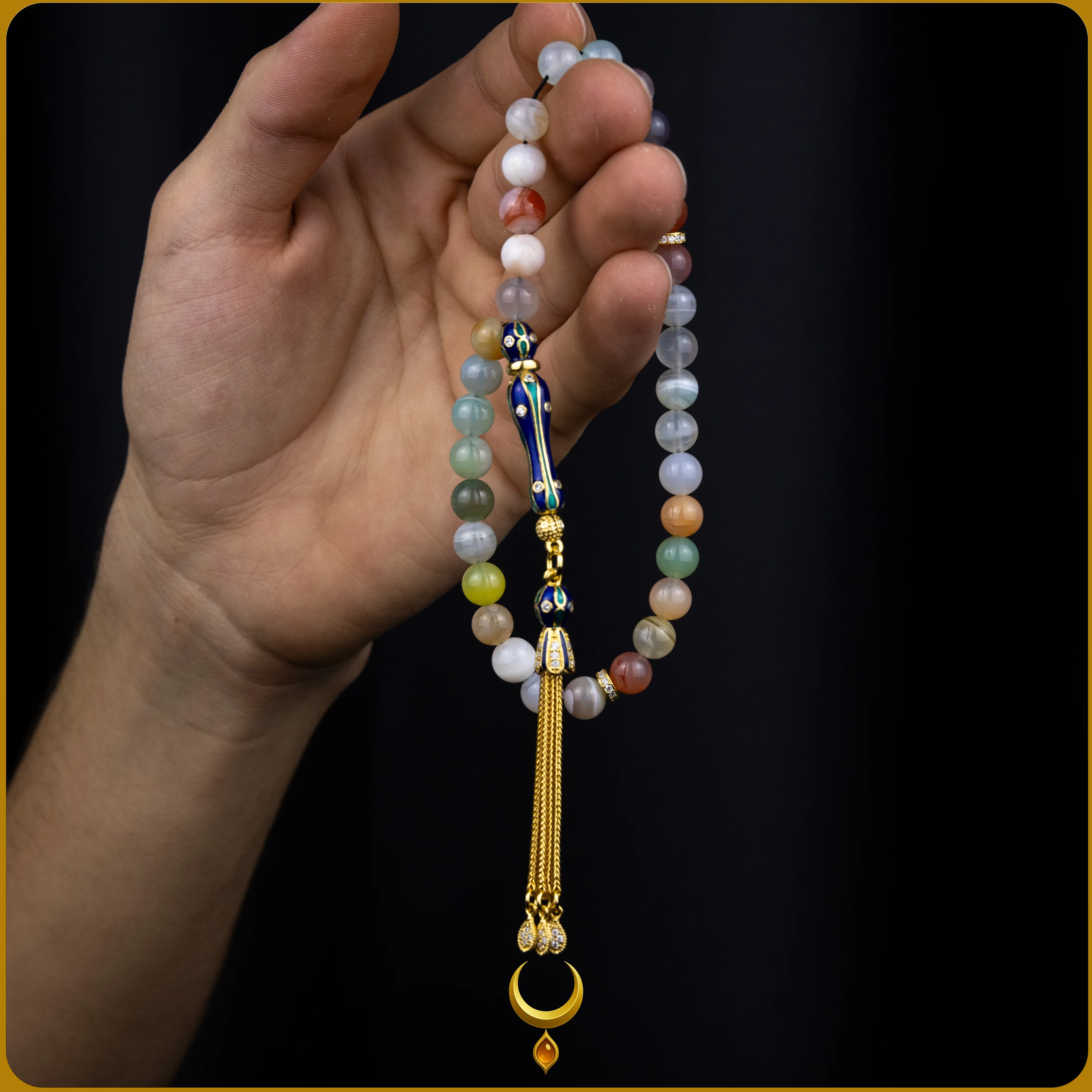 RENKLİ MİNE İŞLEMELİ 925 AYAR GOLD GÜMÜŞ PÜSKÜLLÜ AKİK DOĞAL TAŞ TESBİH