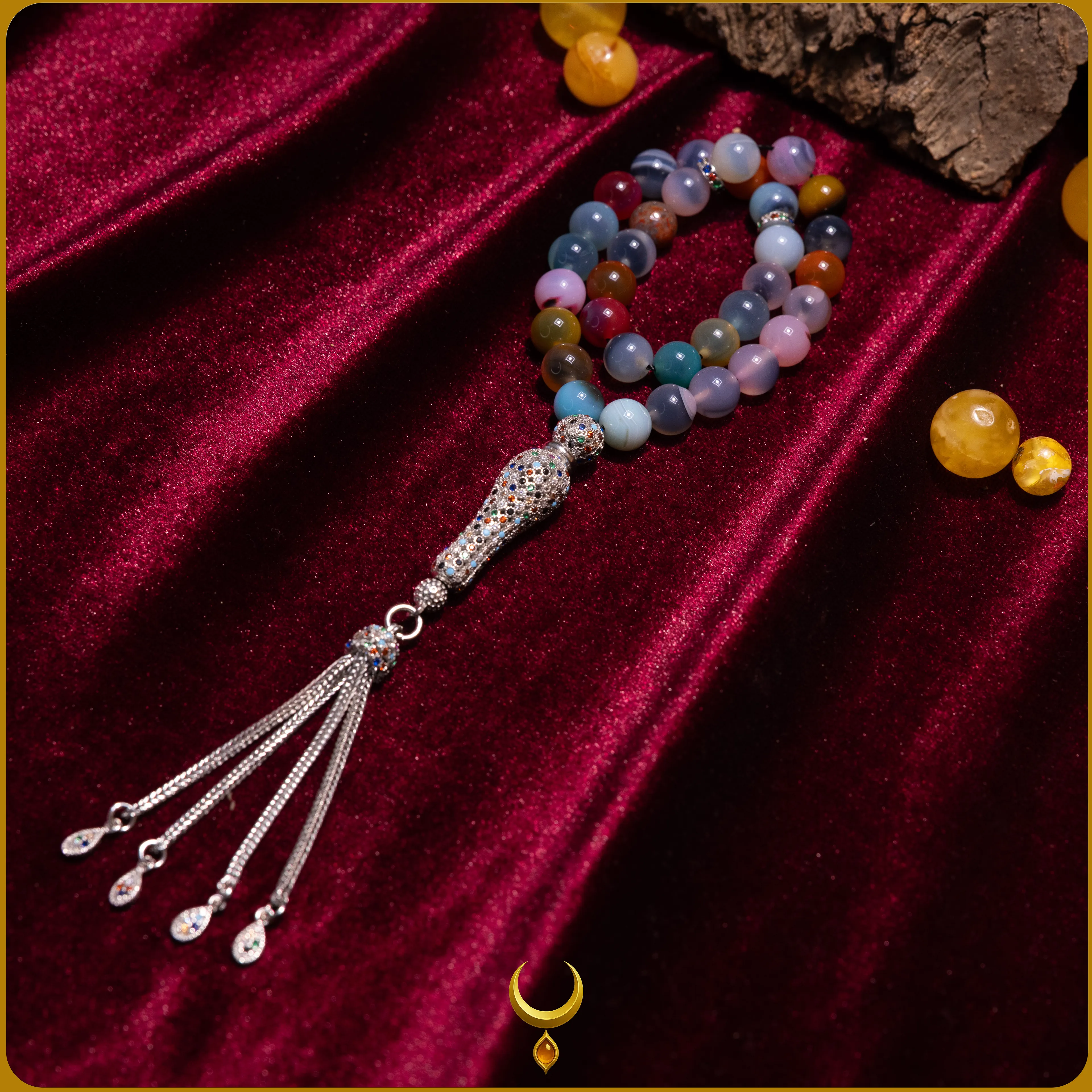 RENKLİ MİNE İŞLEMELİ 925 AYAR GÜMÜŞ PÜSKÜLLÜ AKİK DOĞAL TAŞ TESBİH