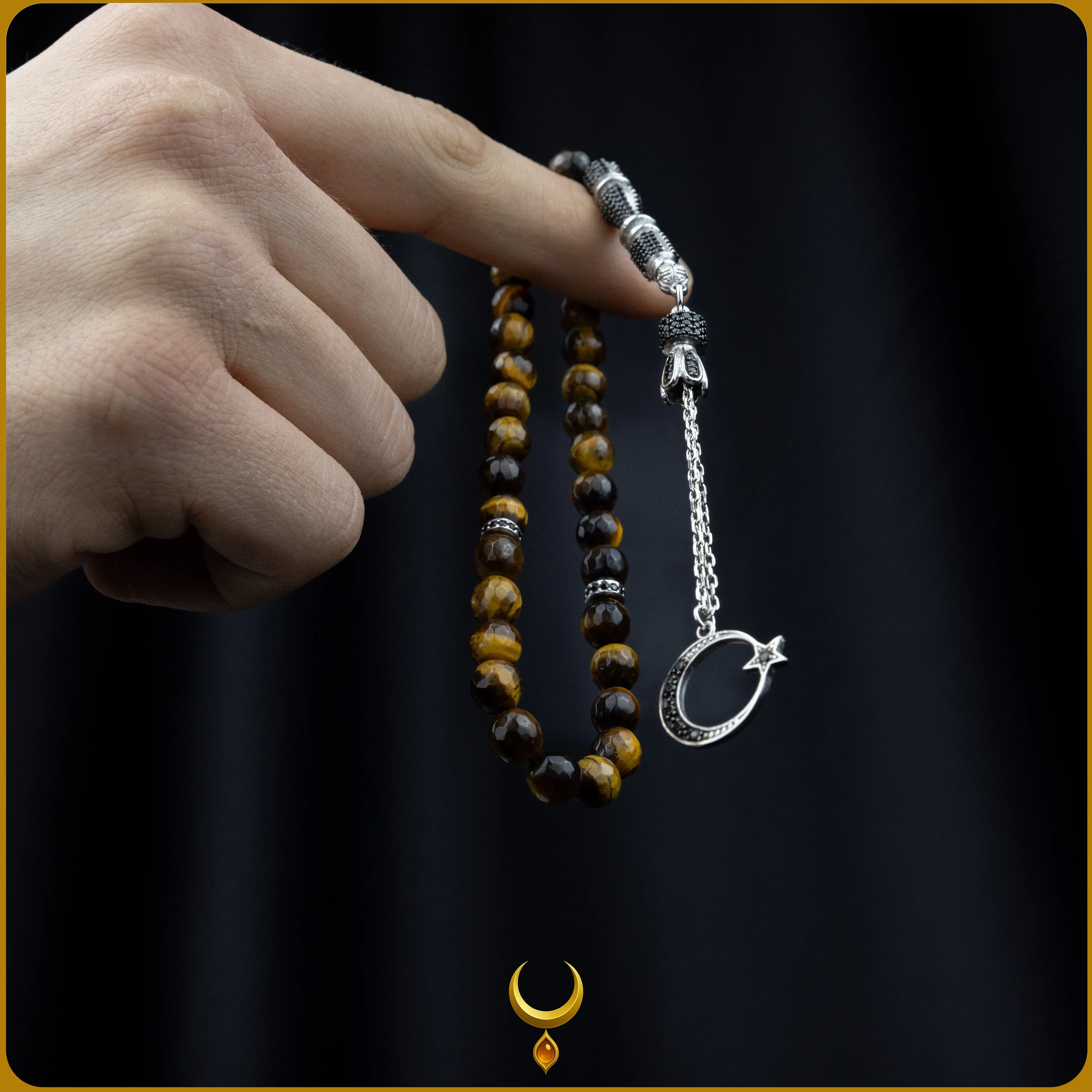 ZİRKON İŞLEMELİ 925 AYAR GÜMÜŞ PÜSKÜLLÜ KAPLAN GÖZÜ DOĞAL TAŞ TESBİH