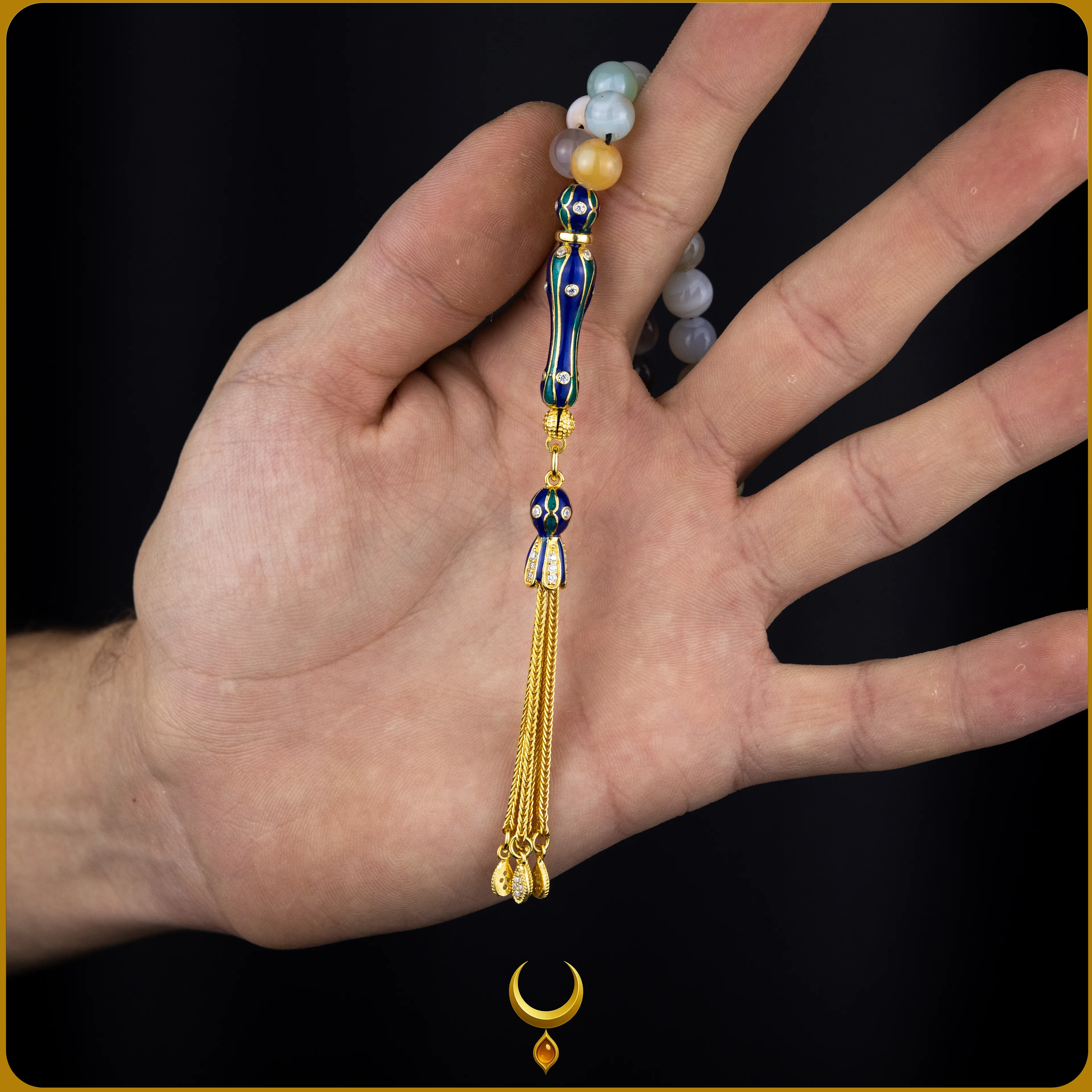 RENKLİ MİNE İŞLEMELİ 925 AYAR GOLD GÜMÜŞ PÜSKÜLLÜ AKİK DOĞAL TAŞ TESBİH