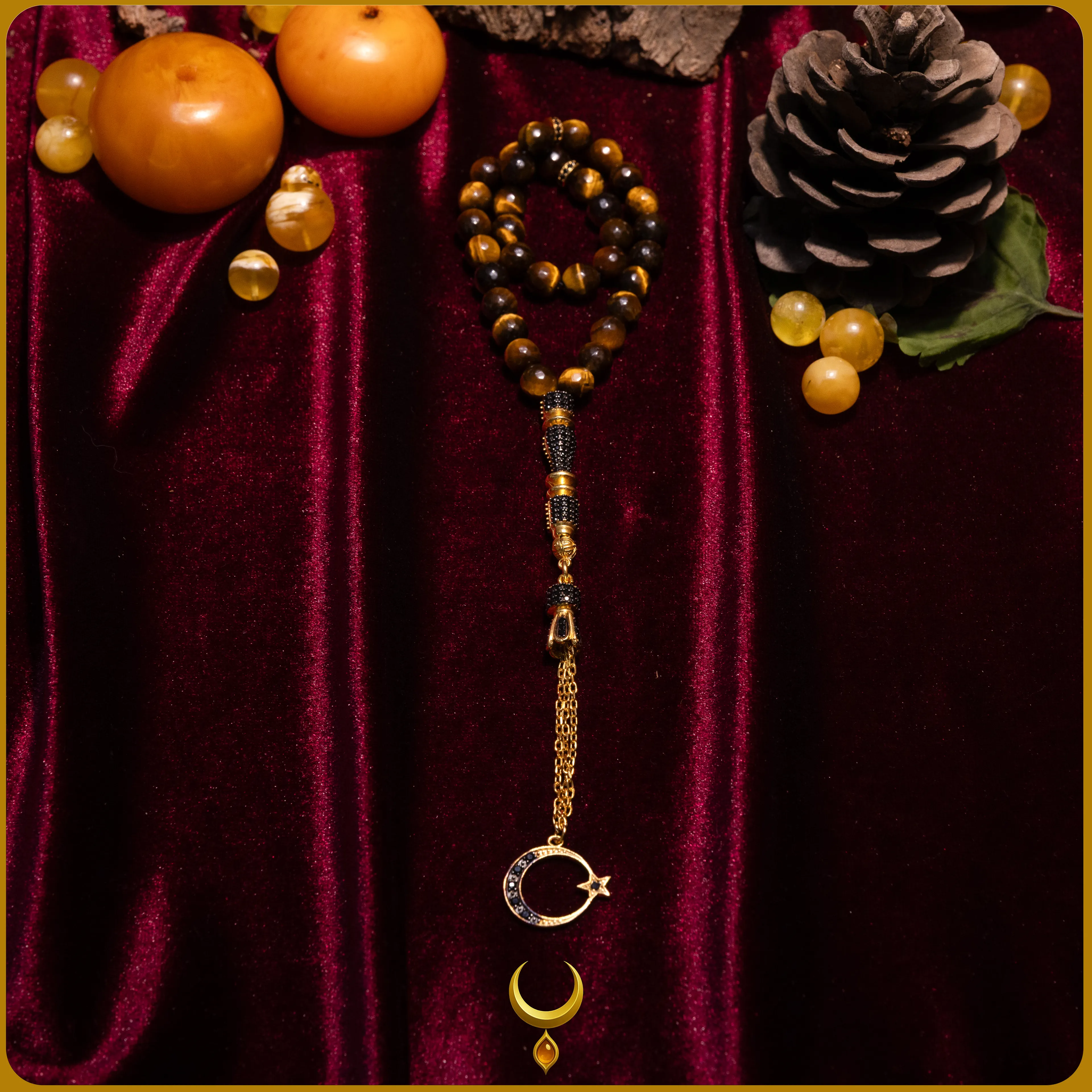 ZİRKON İŞLEMELİ 925 AYAR GOLD GÜMÜŞ PÜSKÜLLÜ KAPLAN GÖZÜ DOĞAL TAŞ TESBİH