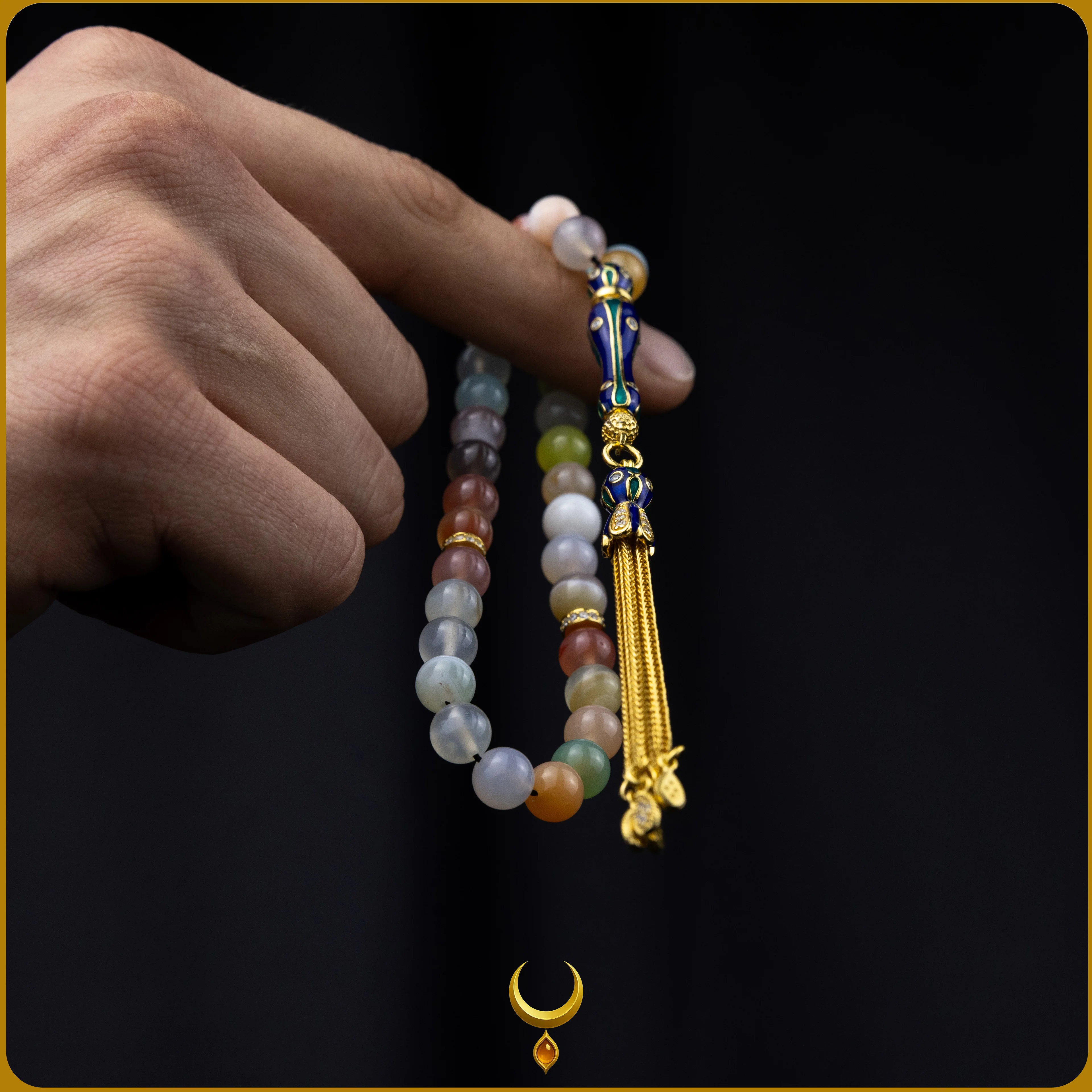 RENKLİ MİNE İŞLEMELİ 925 AYAR GOLD GÜMÜŞ PÜSKÜLLÜ AKİK DOĞAL TAŞ TESBİH