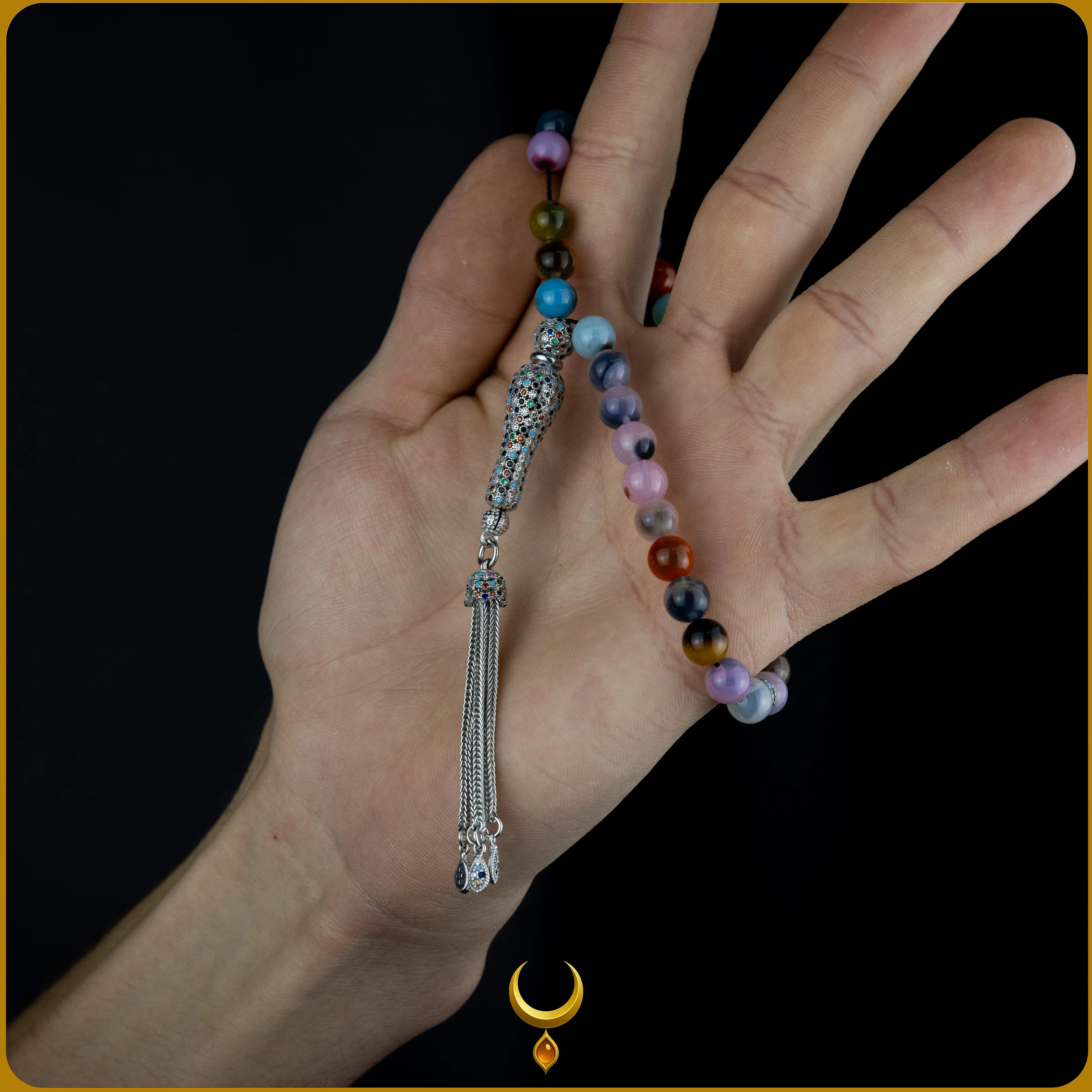 RENKLİ MİNE İŞLEMELİ 925 AYAR GÜMÜŞ PÜSKÜLLÜ AKİK DOĞAL TAŞ TESBİH