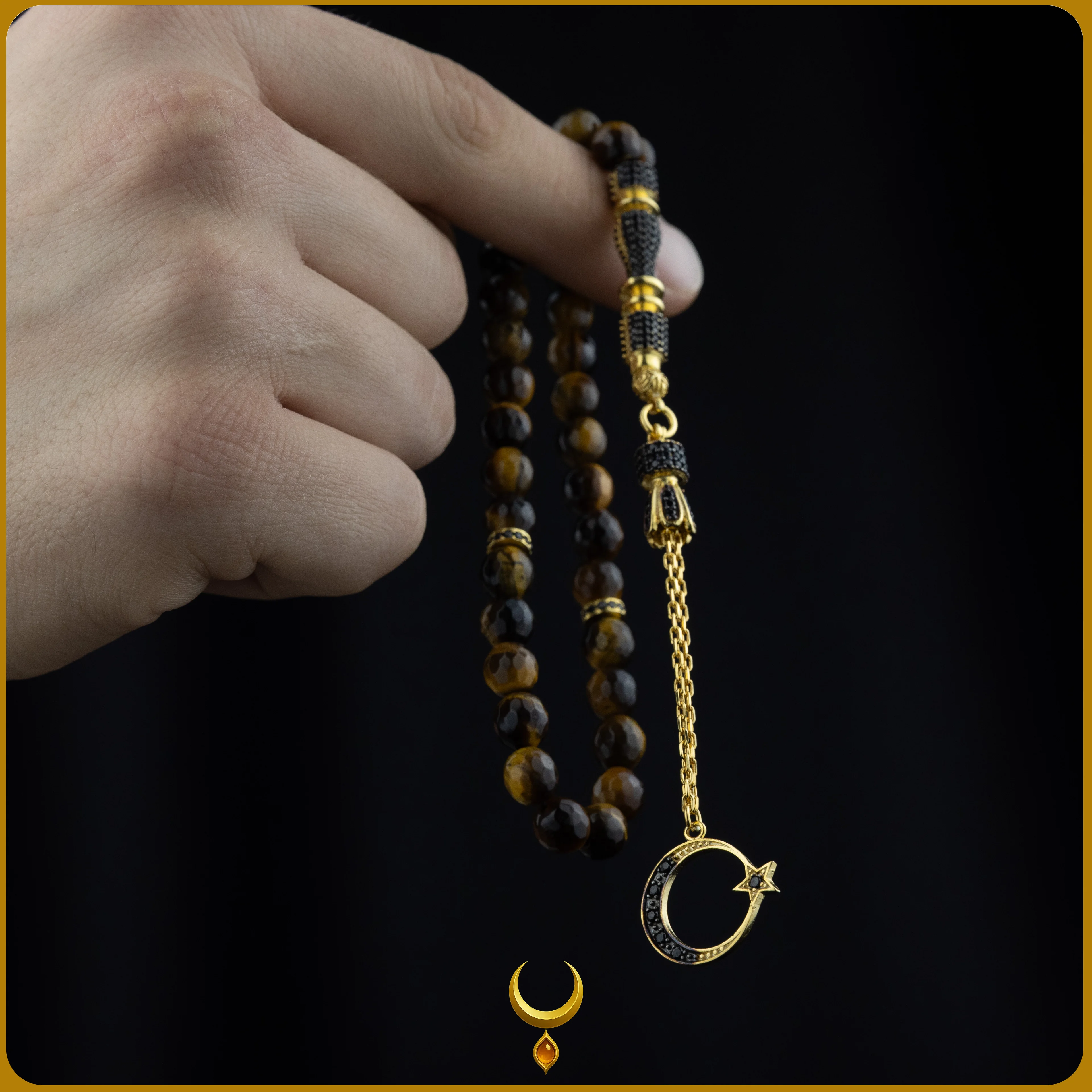 ZİRKON İŞLEMELİ 925 AYAR GOLD GÜMÜŞ PÜSKÜLLÜ KAPLAN GÖZÜ DOĞAL TAŞ TESBİH