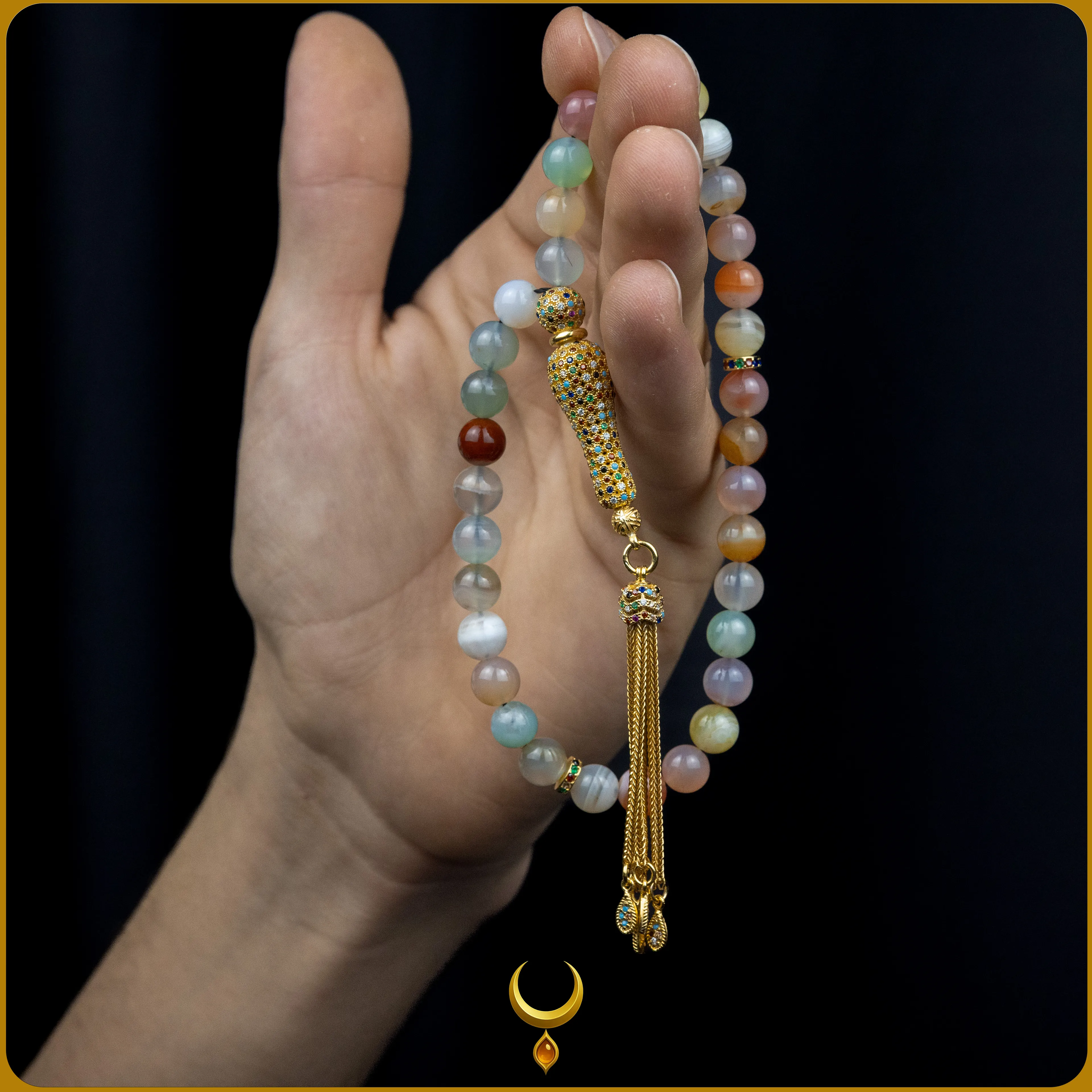 RENKLİ MİNE İŞLEMELİ 925 AYAR GOLD GÜMÜŞ PÜSKÜLLÜ AKİK DOĞAL TAŞ TESBİH