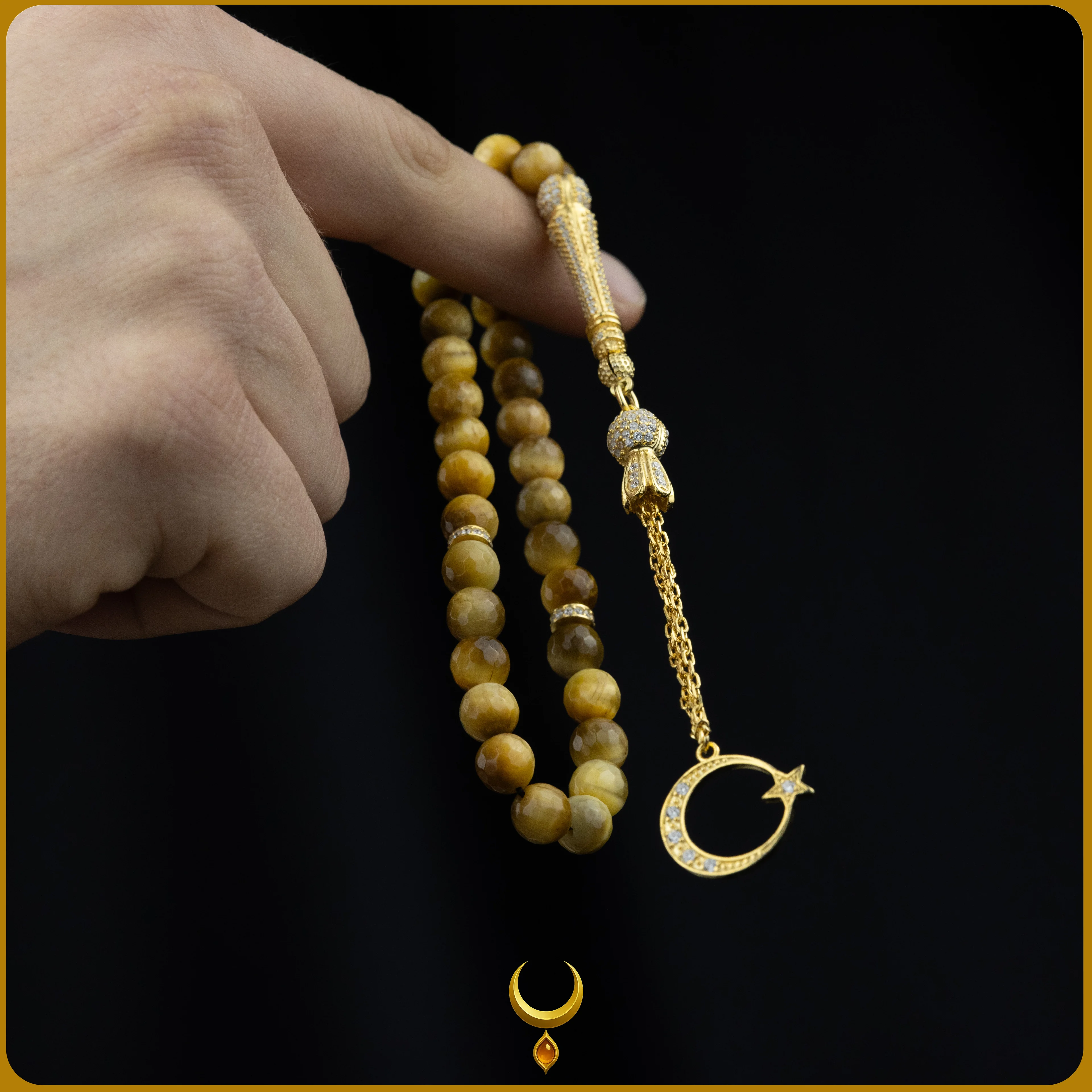 ZİRKON İŞLEMELİ 925 AYAR GOLD GÜMÜŞ PÜSKÜLLÜ KAPLAN GÖZÜ DOĞAL TAŞ TESBİH