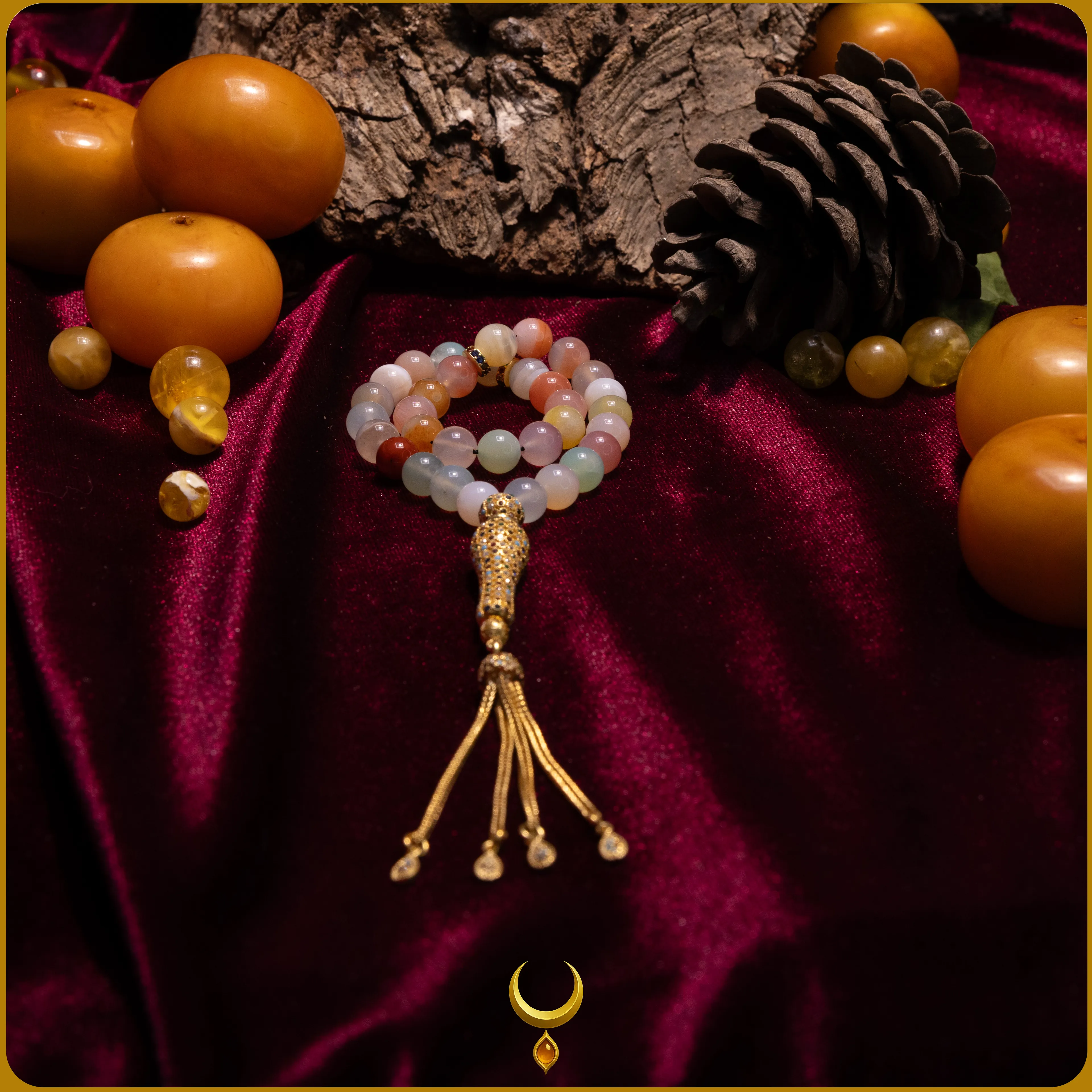 RENKLİ MİNE İŞLEMELİ 925 AYAR GOLD GÜMÜŞ PÜSKÜLLÜ AKİK DOĞAL TAŞ TESBİH