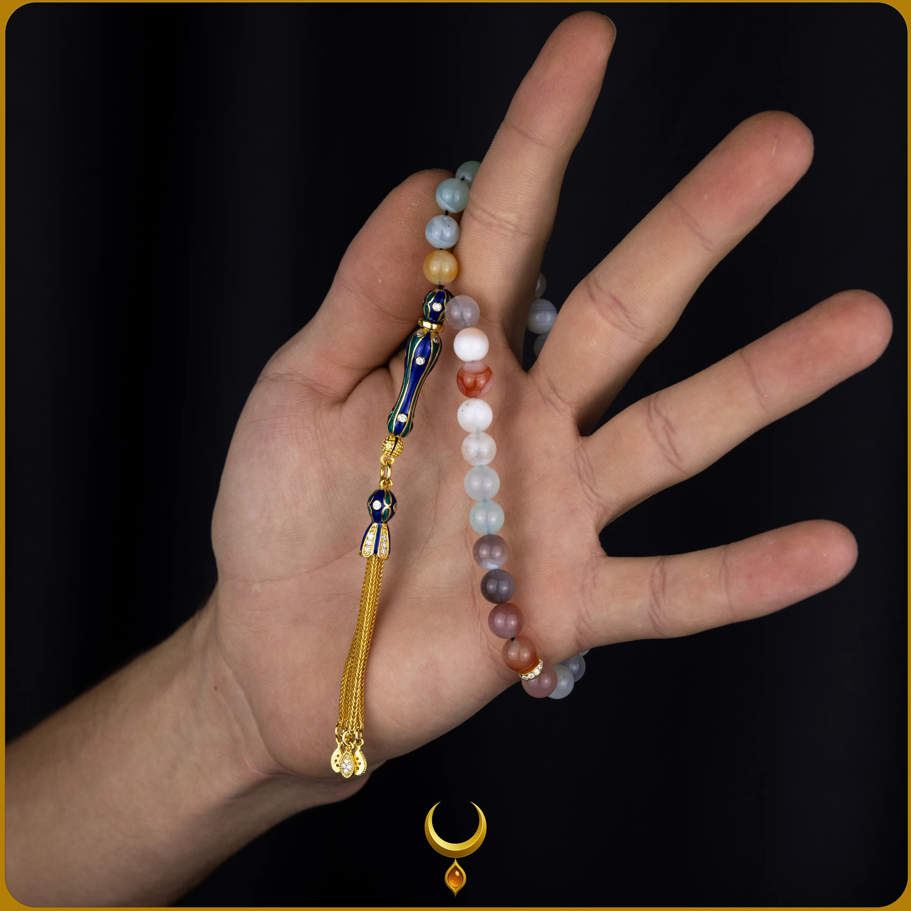 RENKLİ MİNE İŞLEMELİ 925 AYAR GOLD GÜMÜŞ PÜSKÜLLÜ AKİK DOĞAL TAŞ TESBİH