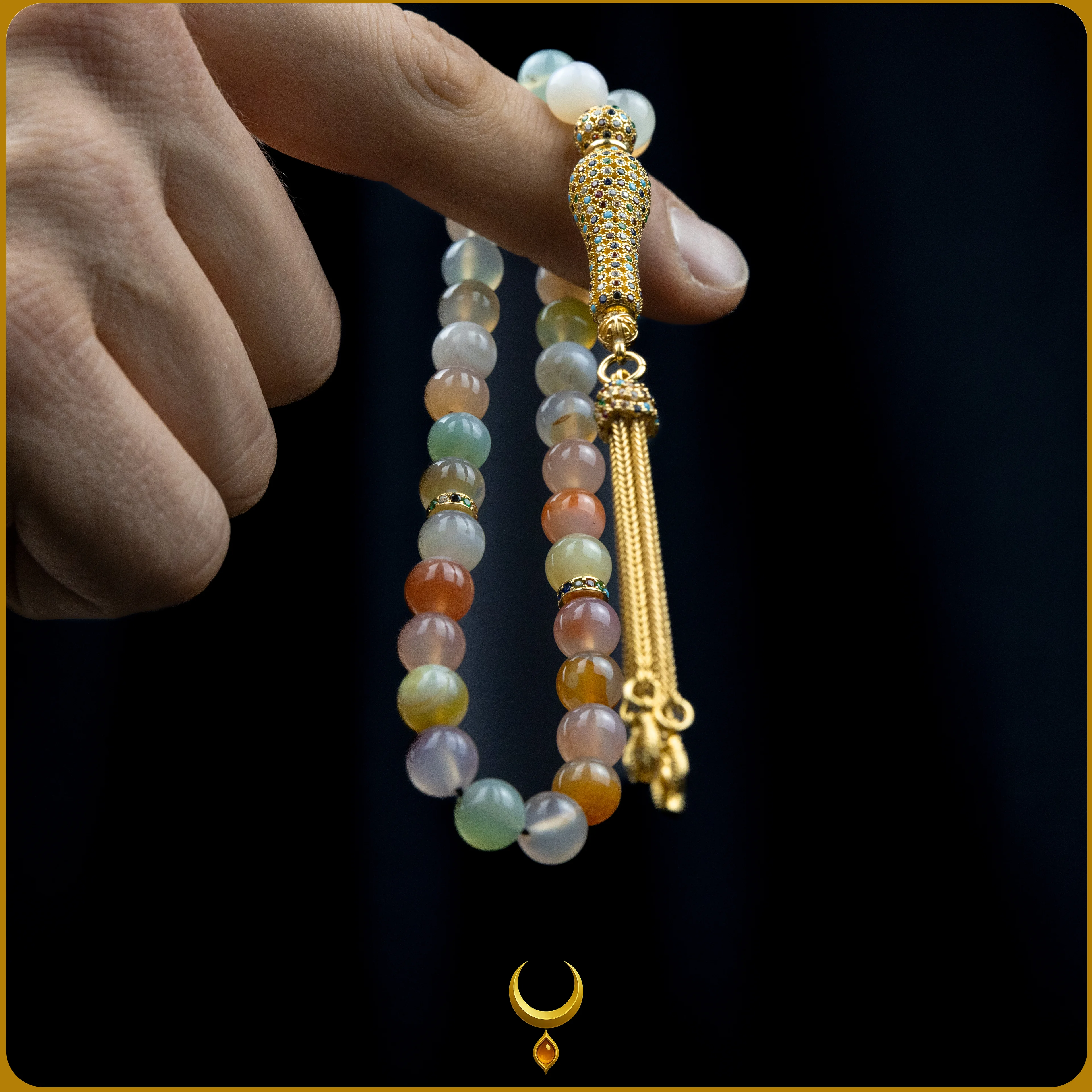 RENKLİ MİNE İŞLEMELİ 925 AYAR GOLD GÜMÜŞ PÜSKÜLLÜ AKİK DOĞAL TAŞ TESBİH