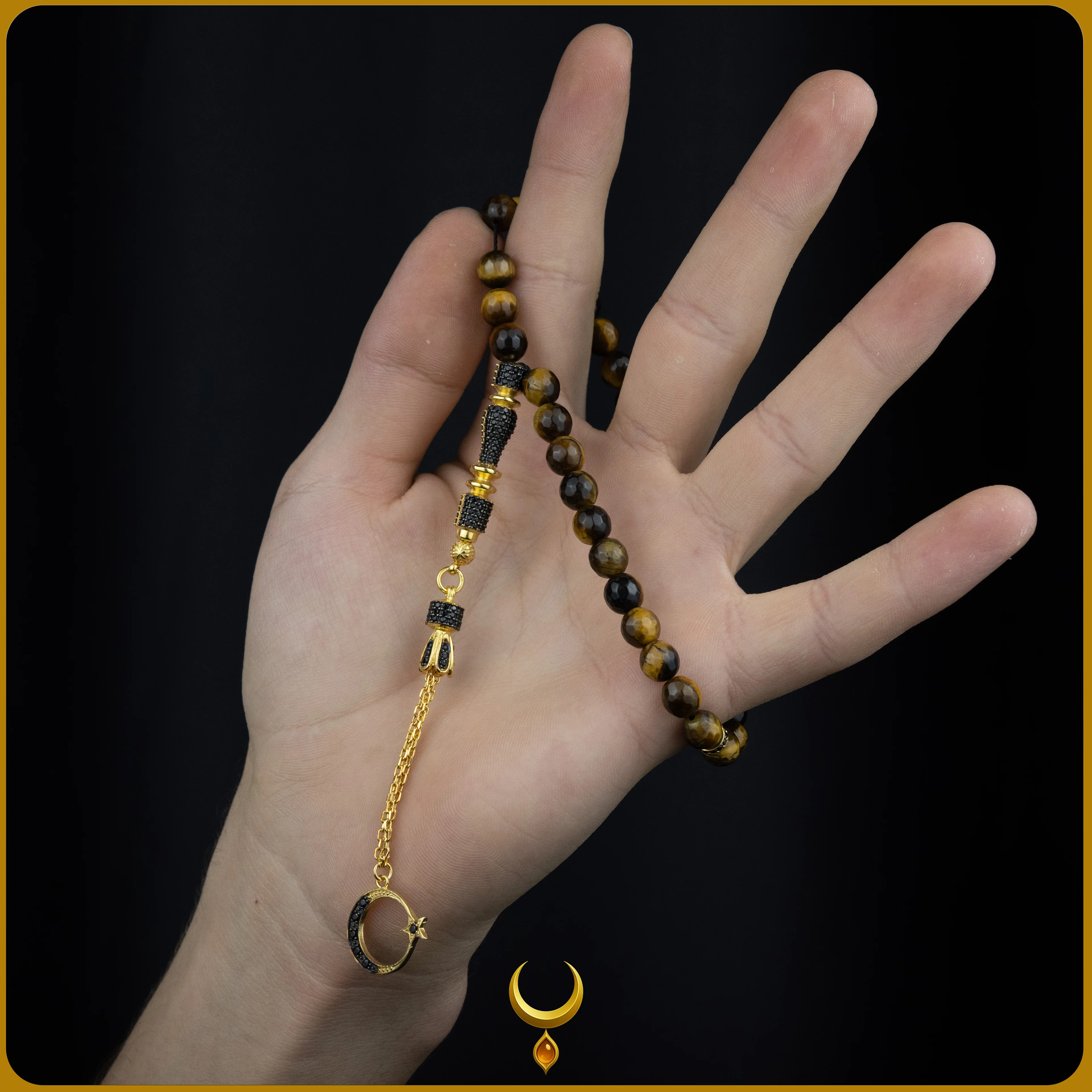 ZİRKON İŞLEMELİ 925 AYAR GOLD GÜMÜŞ PÜSKÜLLÜ KAPLAN GÖZÜ DOĞAL TAŞ TESBİH