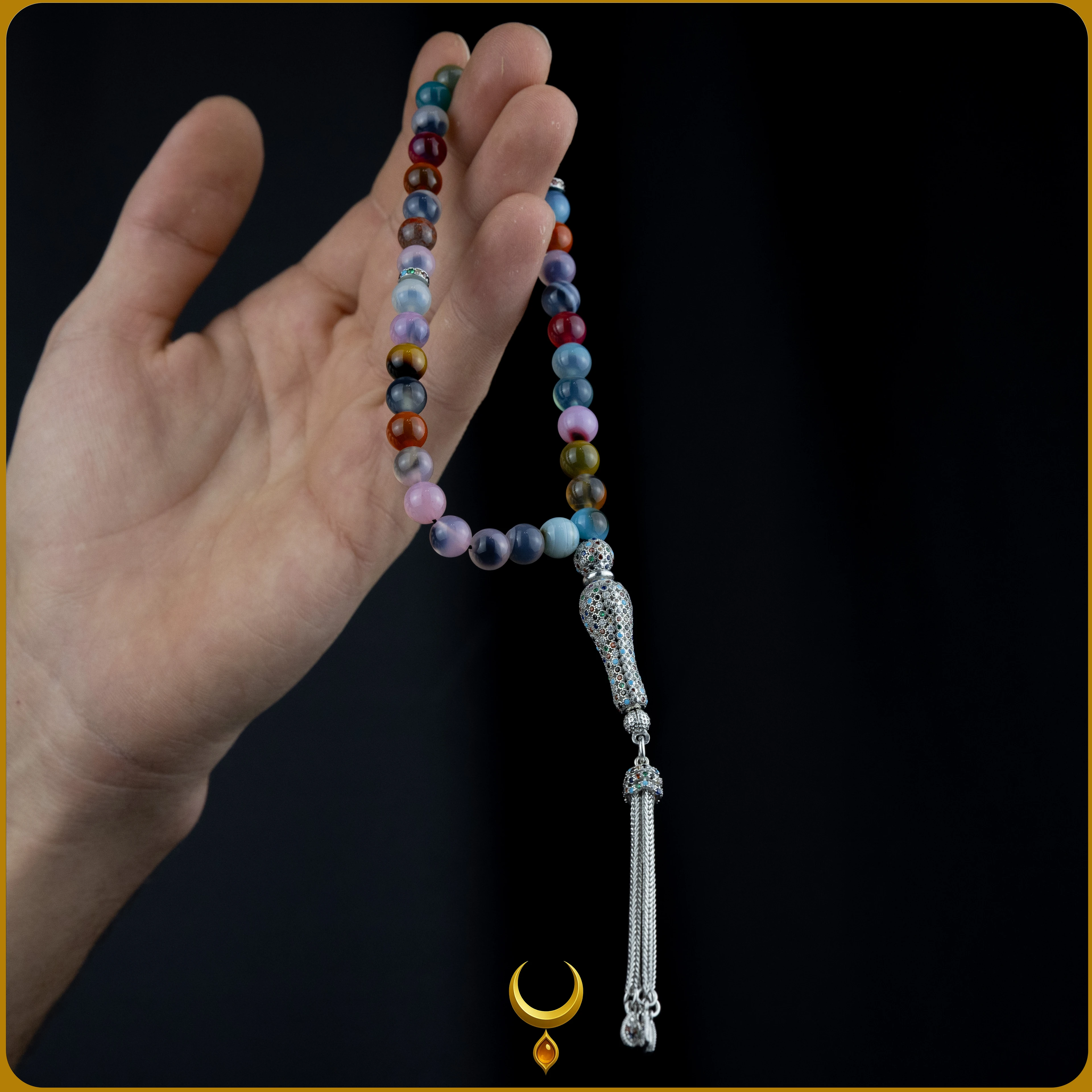 RENKLİ MİNE İŞLEMELİ 925 AYAR GÜMÜŞ PÜSKÜLLÜ AKİK DOĞAL TAŞ TESBİH