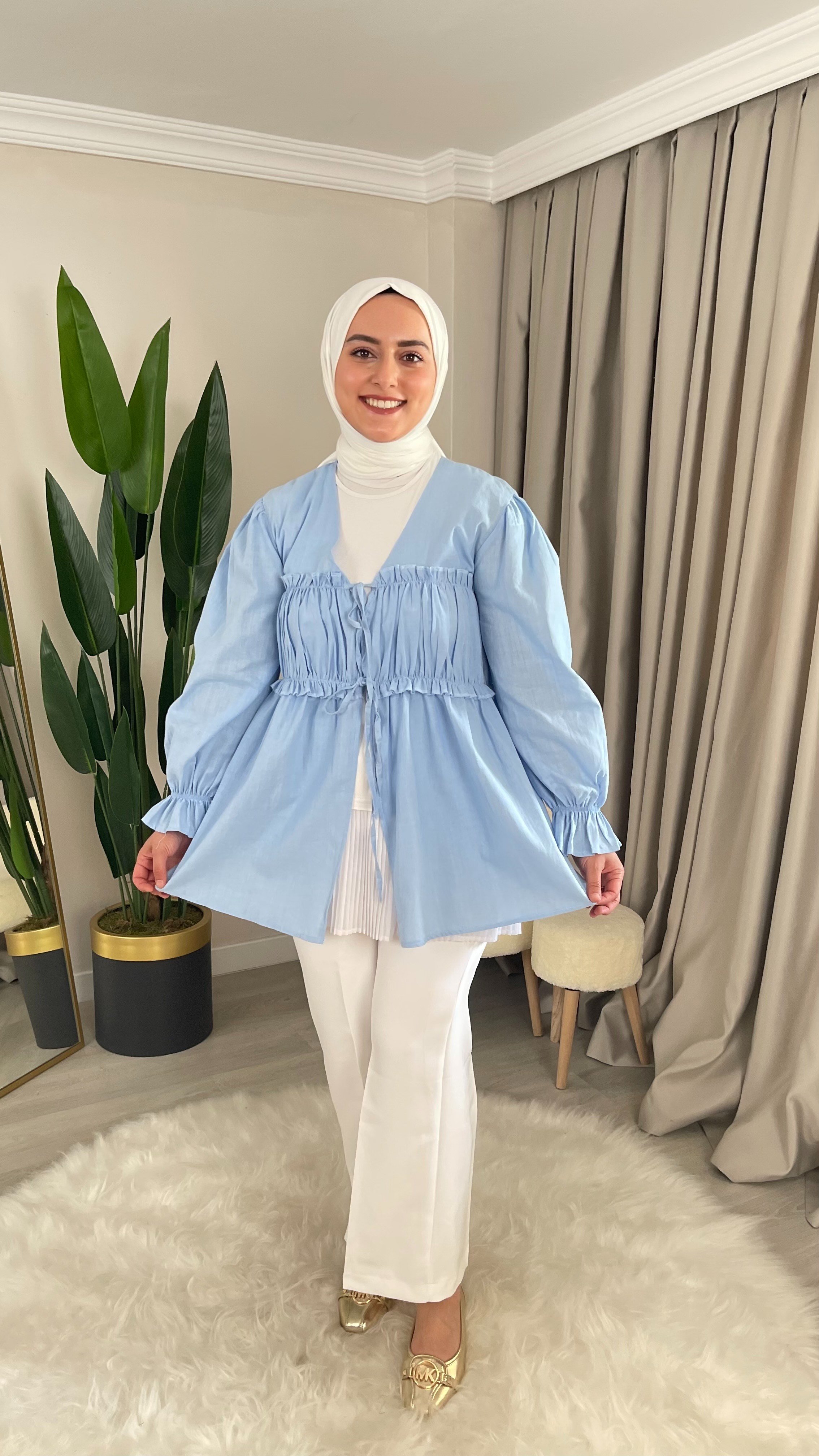 HERA Büzgülü - İp Bağlama Detaylı Keten Kumaş Kimono Gömlek