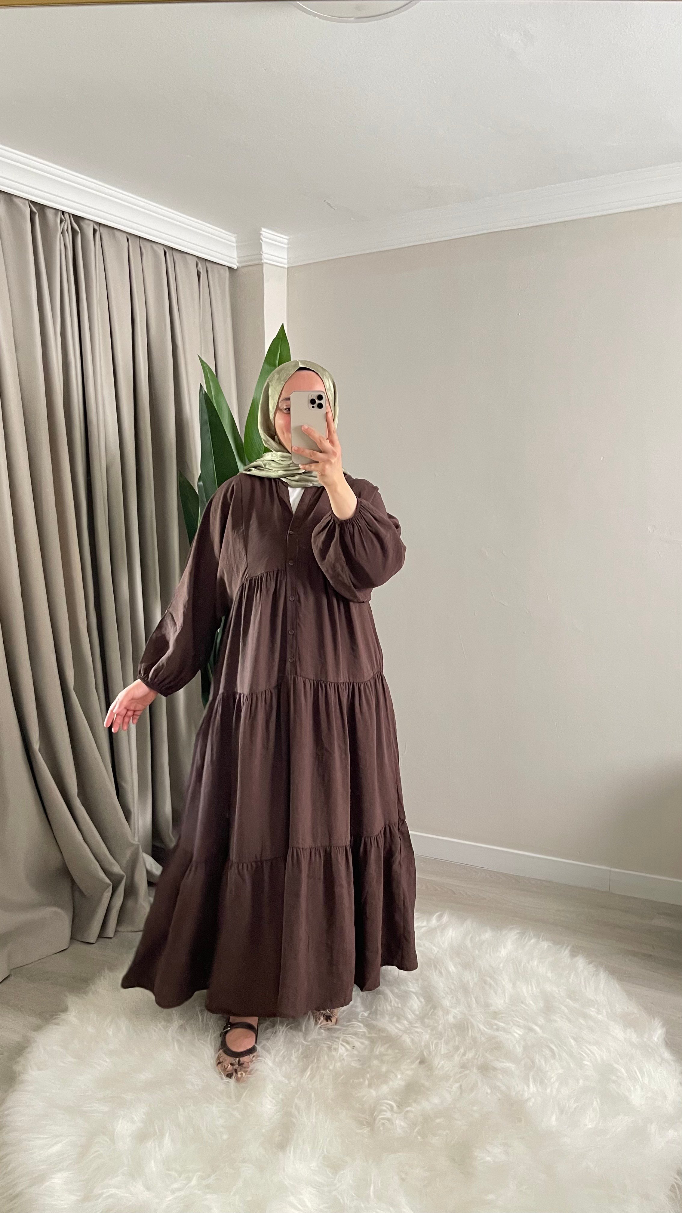 Yasemin Çiçekli - Modal Kumaş - Desenli Uzun Yazlık Elbise - Acı Kahve