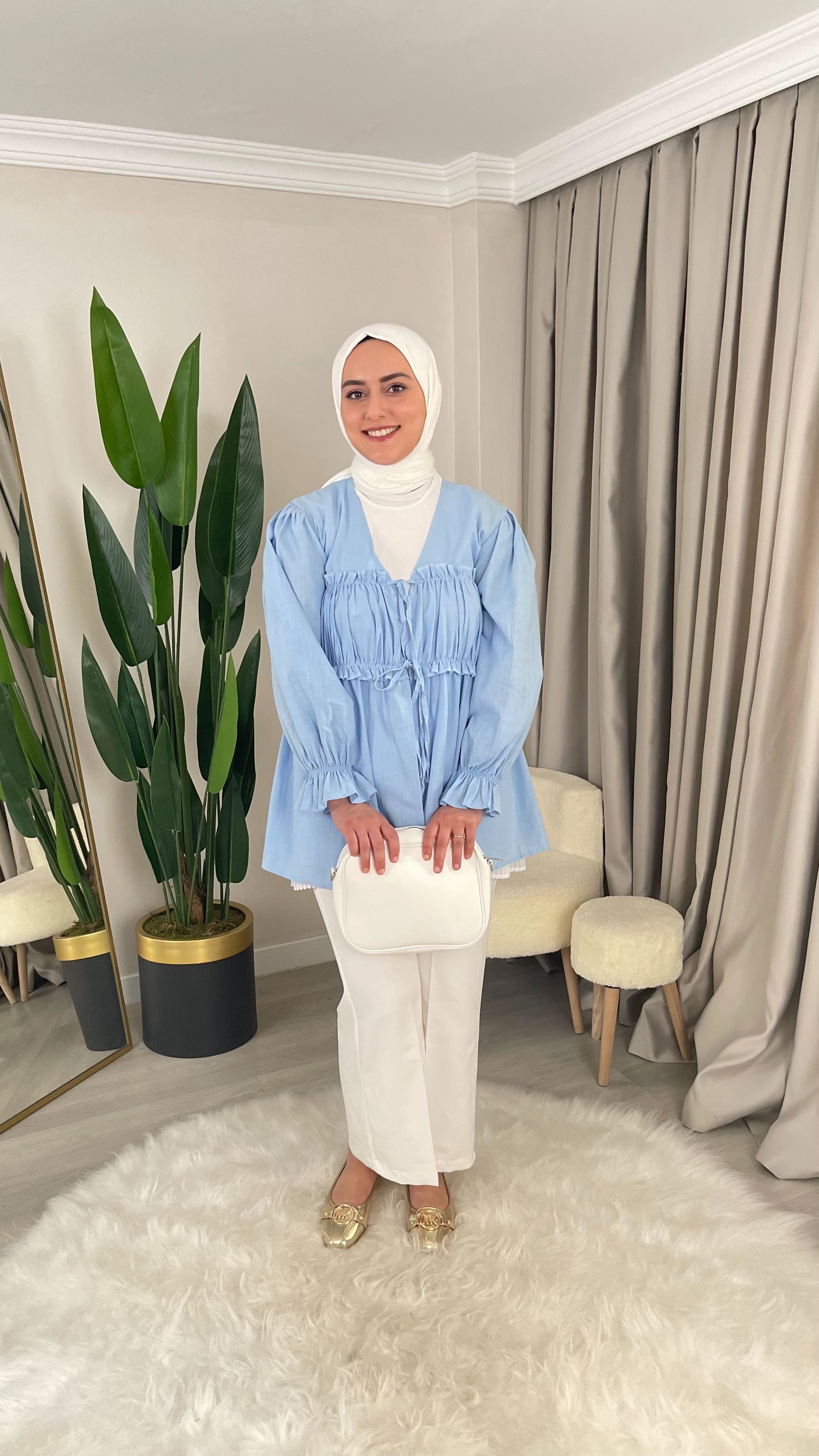 HERA Büzgülü - İp Bağlama Detaylı Keten Kumaş Kimono Gömlek