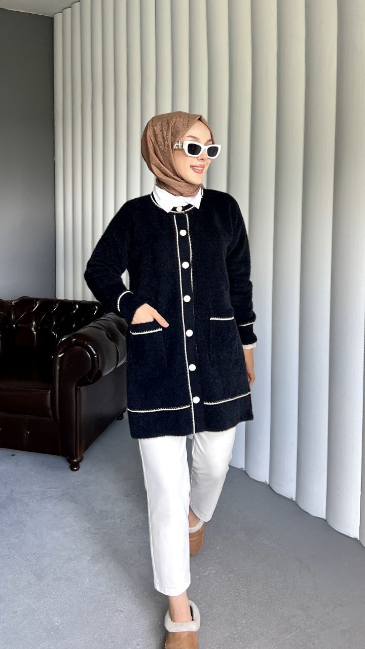 ESRA Angora Bisiklet Yaka Düğmeli Cepli Hırka