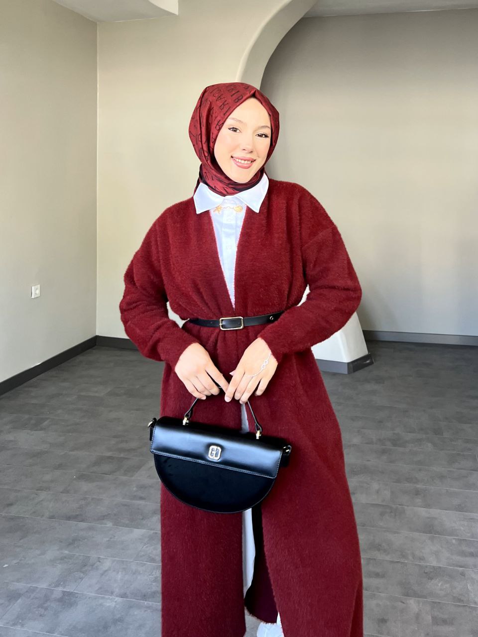 SELİN Uzun Kemerli Oversize Triko Yünlü Hırka - Bordo
