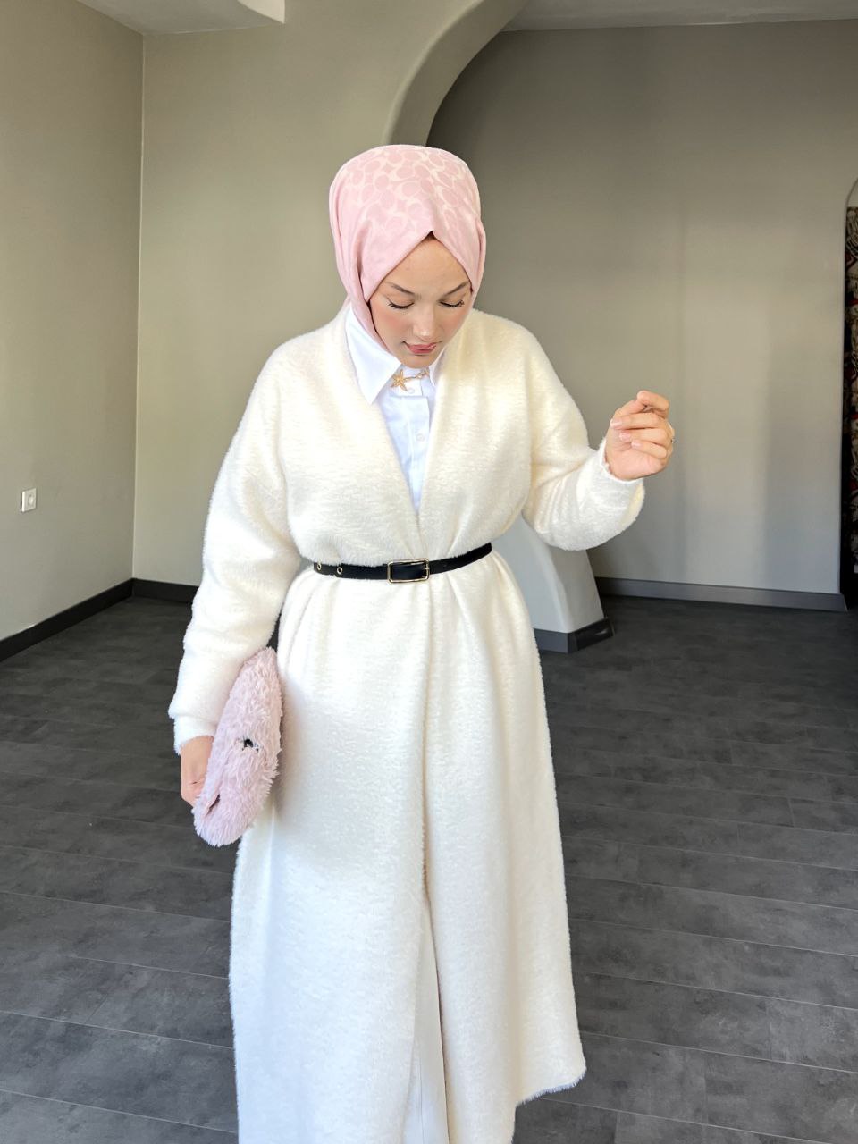 SELİN Uzun Kemerli Oversize Triko Yünlü Hırka - Beyaz