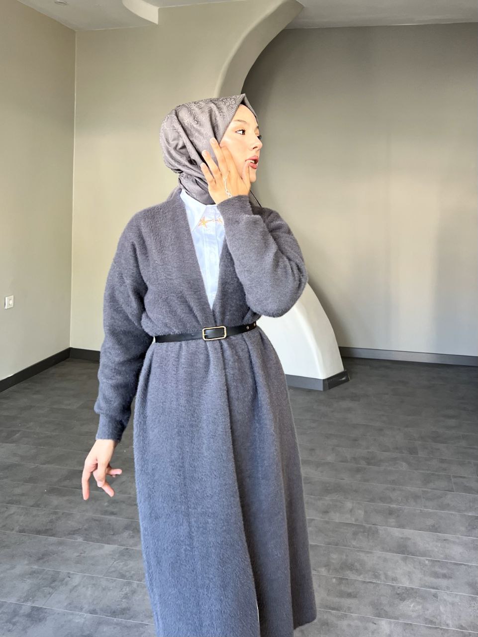 SELİN Uzun Kemerli Oversize Triko Yünlü Hırka - Gri