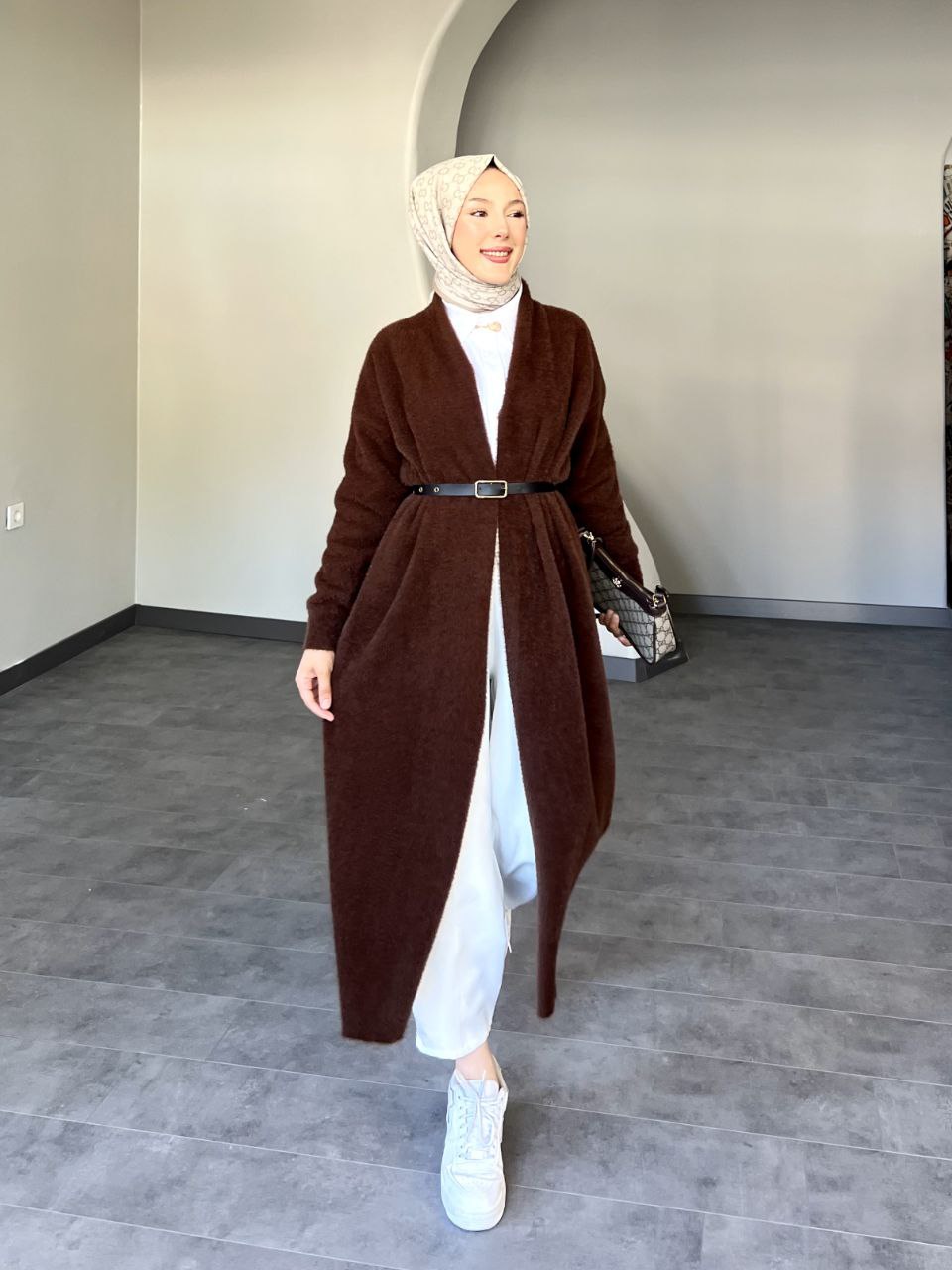 SELİN Uzun Kemerli Oversize Triko Yünlü Hırka - Kahverengi