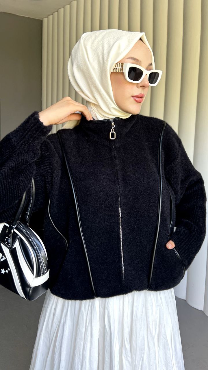MELTEM Çizgi Detaylı Fermuarlı Angora Cepli Uzun Kışlık Hırka