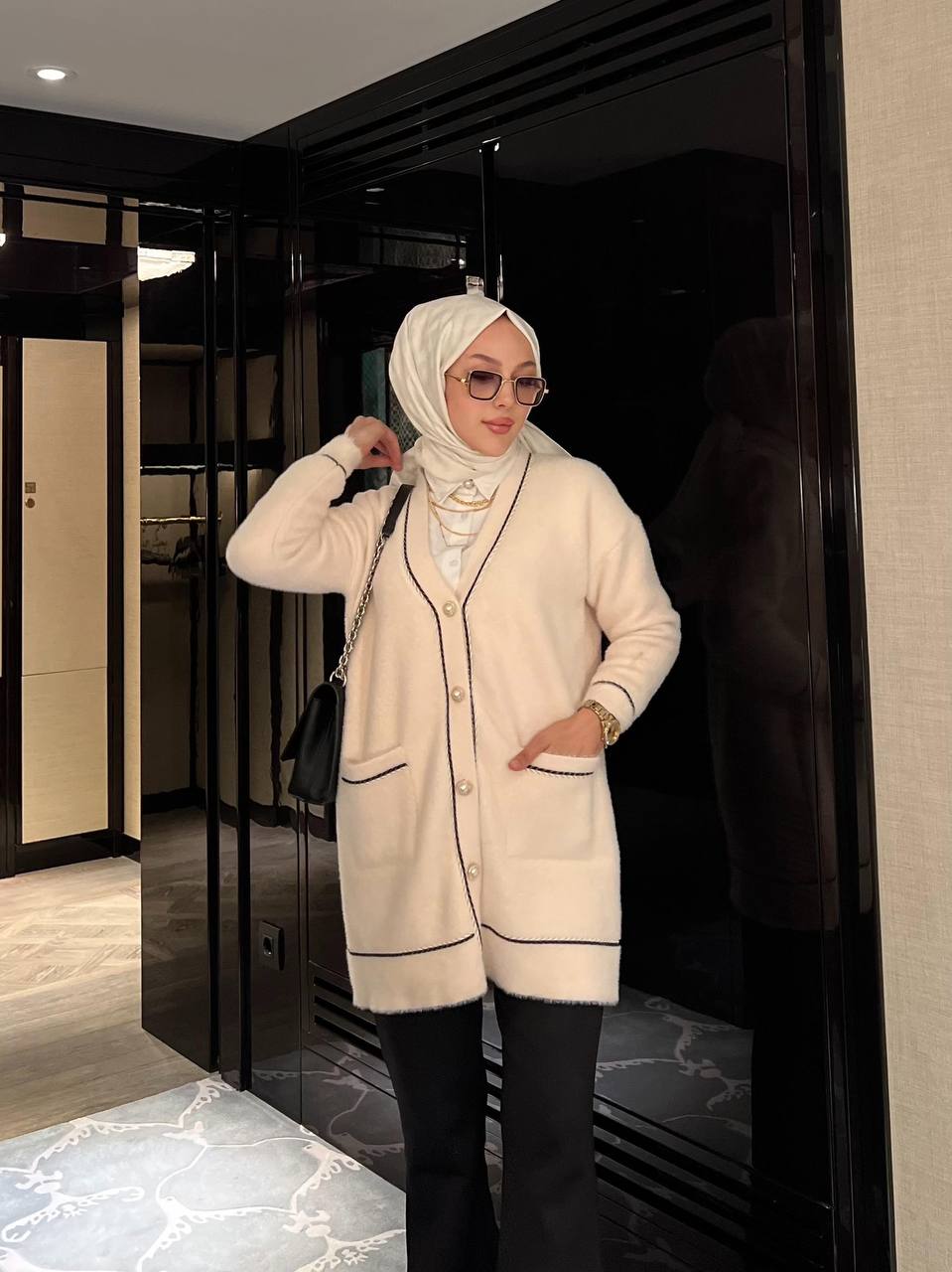 MÜGE Angora Düğmeli Cepli V Yaka Hırka Ceket - Krem
