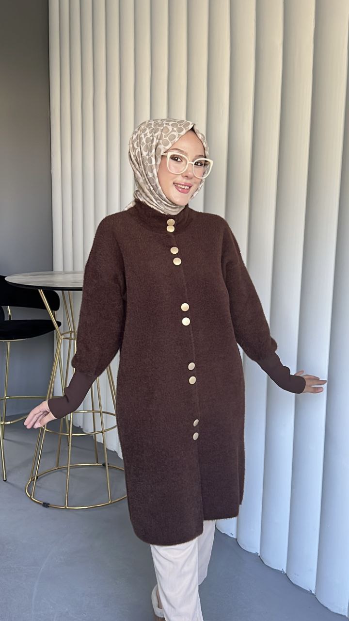 BEGÜM Kadın Uzun Düğmeli Triko Ceket Hırka - Kahverengi