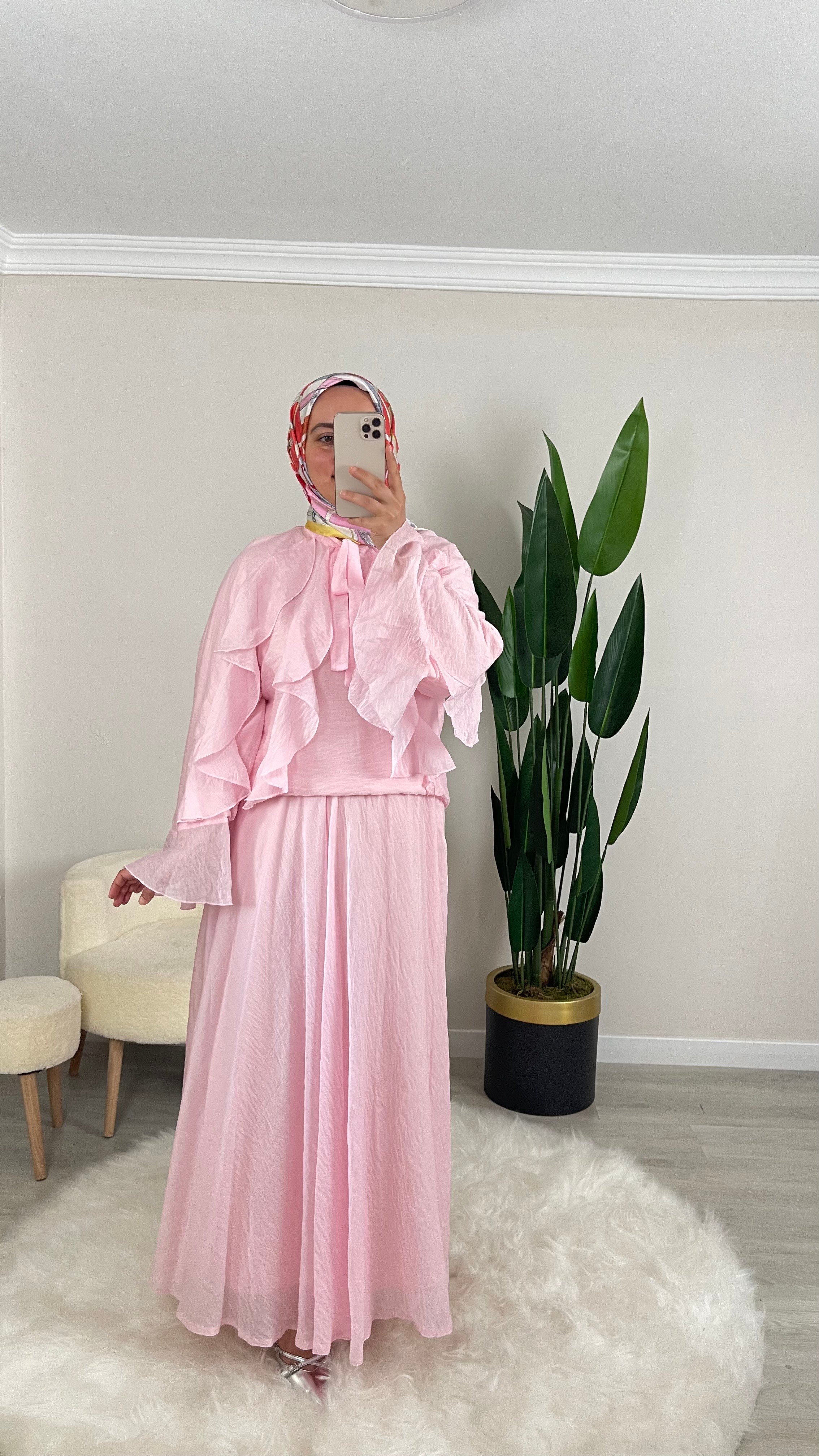 DİANA Fırfırlı Şifon Kumaş İkili Etekli Takım - Baby Pembe