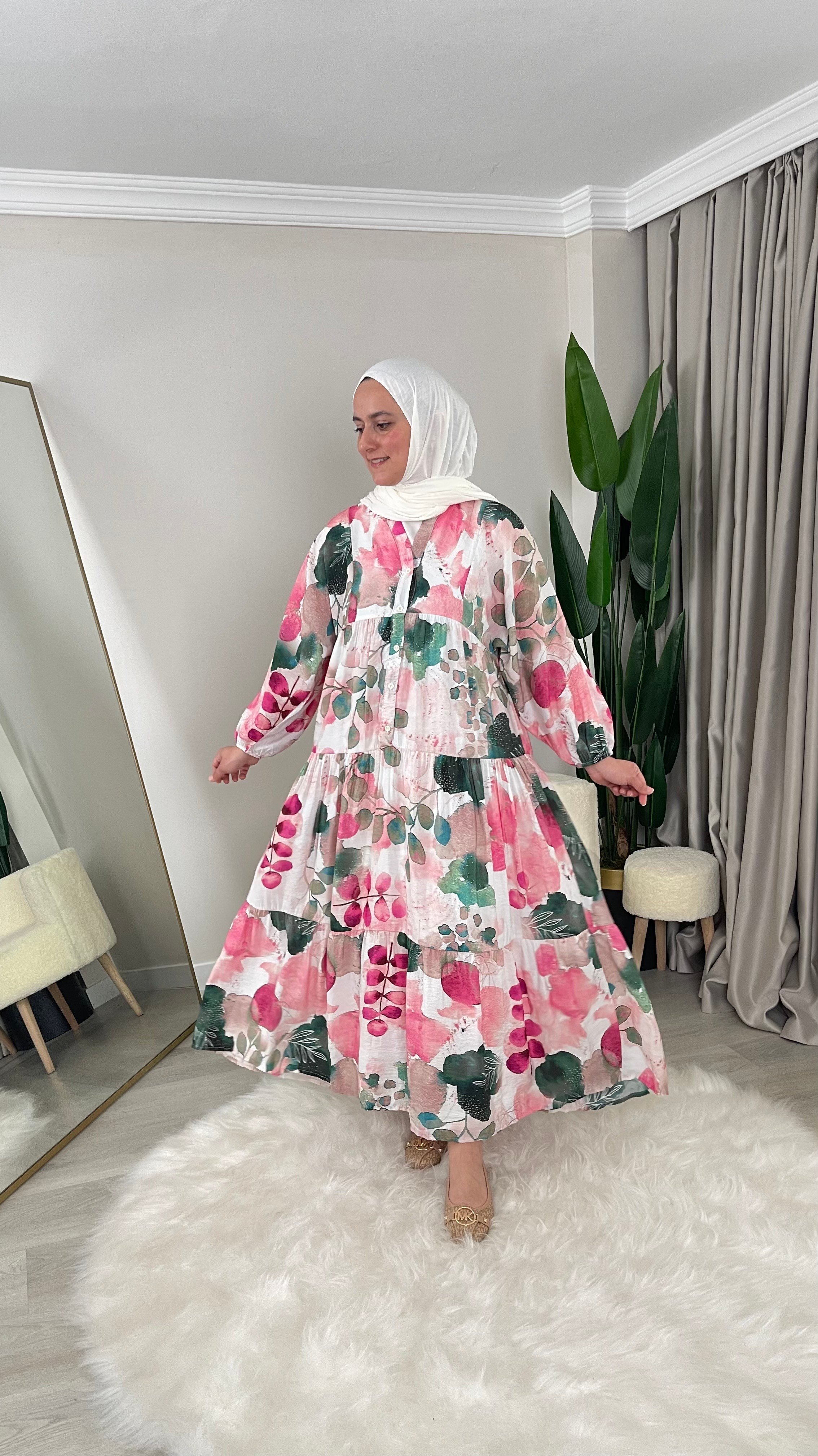Yasemin Çiçekli - Mango - Desenli Uzun Yazlık Elbise - Pembe