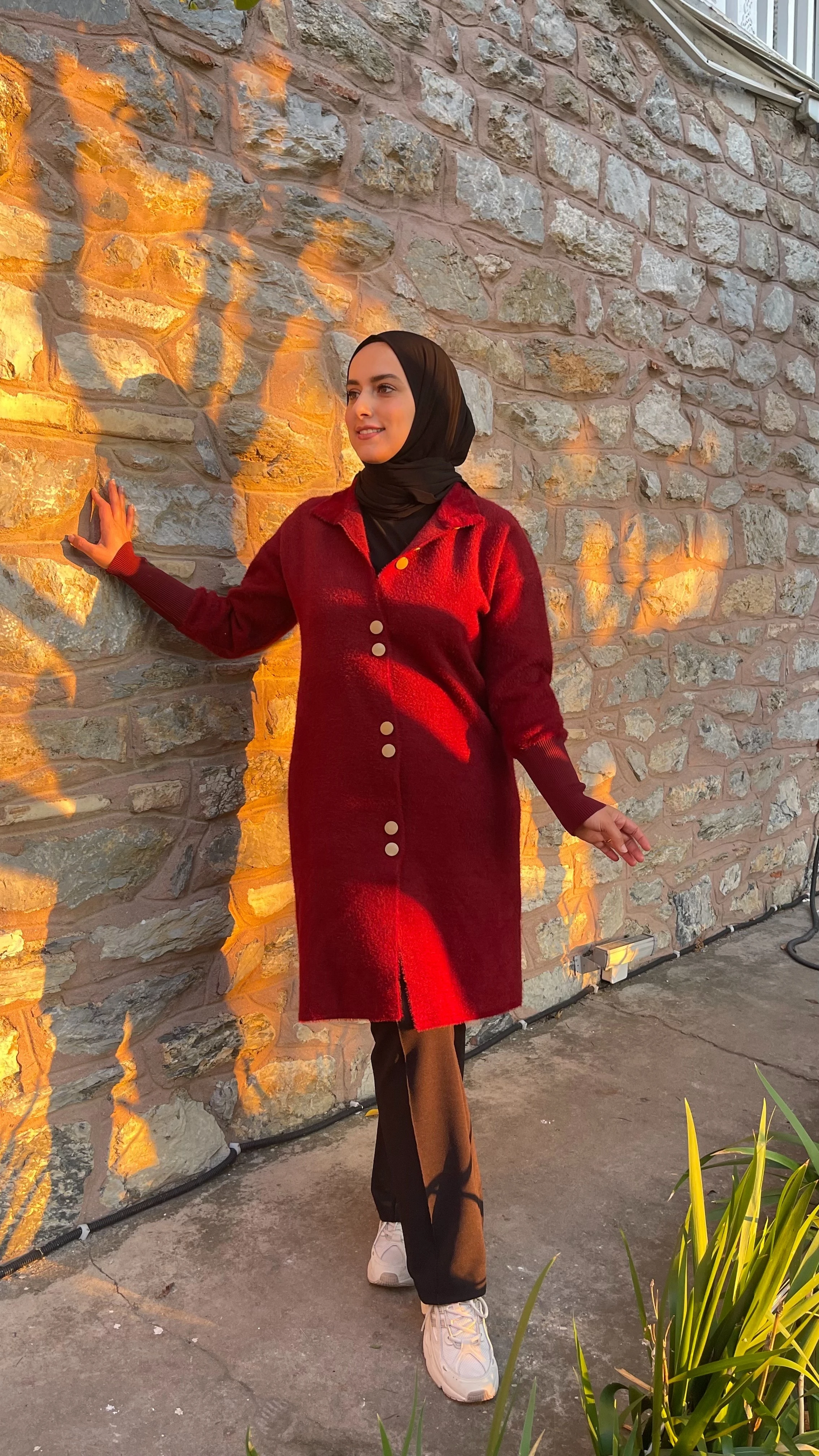 BEGÜM Kadın Uzun Düğmeli Triko Ceket Hırka - Bordo