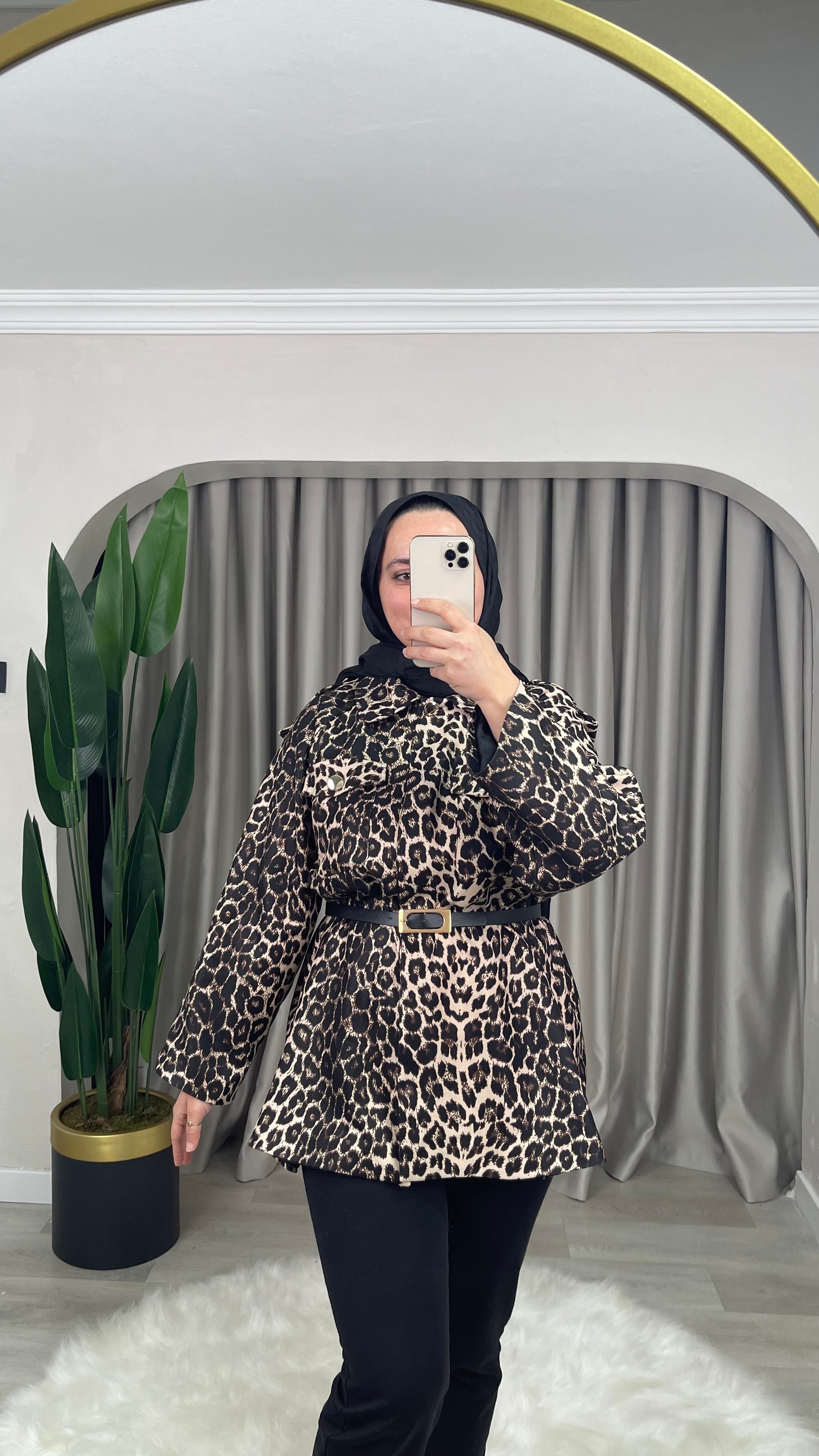 Namur Kemerli Astarlı Leopar Ceket-Bej - Bej