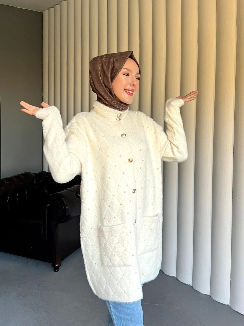 CAMELİ İnci Detaylı Düğmeli Triko Hırka - Krem