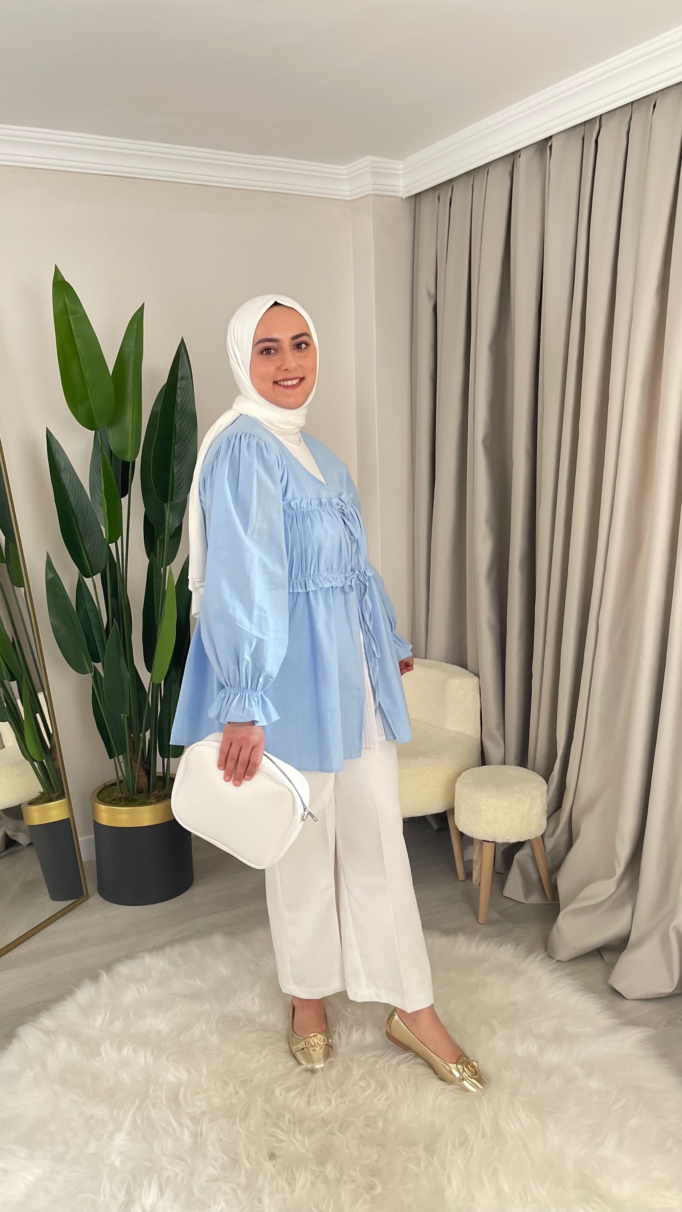 HERA Büzgülü - İp Bağlama Detaylı Keten Kumaş Kimono Gömlek