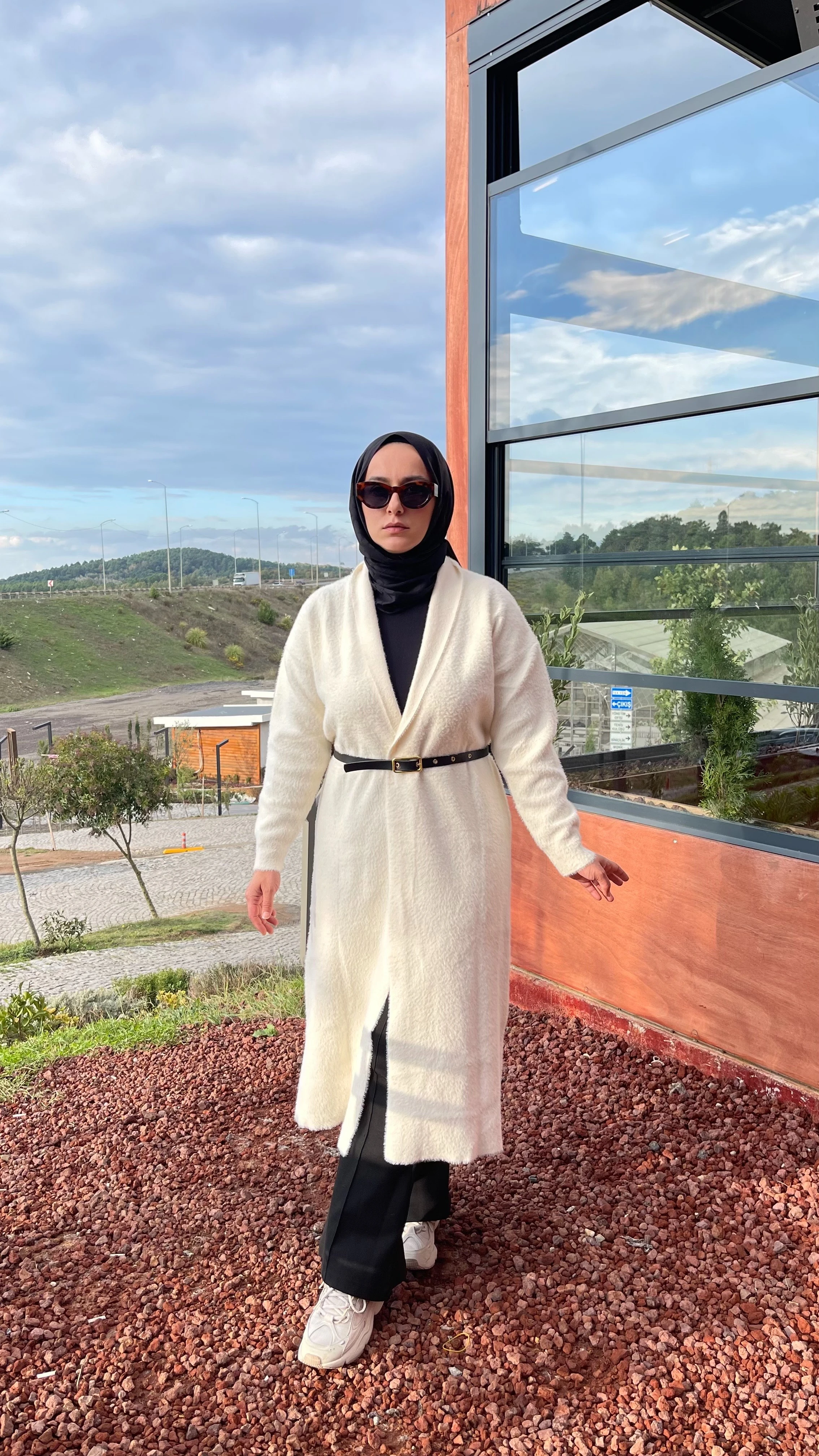 SELİN Uzun Kemerli Oversize Triko Yünlü Hırka - Krem