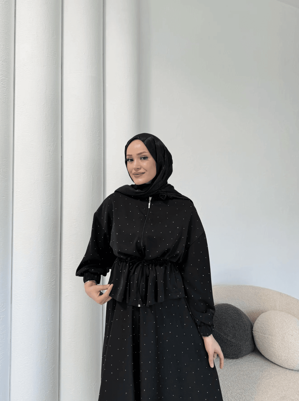 IŞIL Taşlı - Fermuarlı Dubai Krep Kumaş Etekli İkili Takım