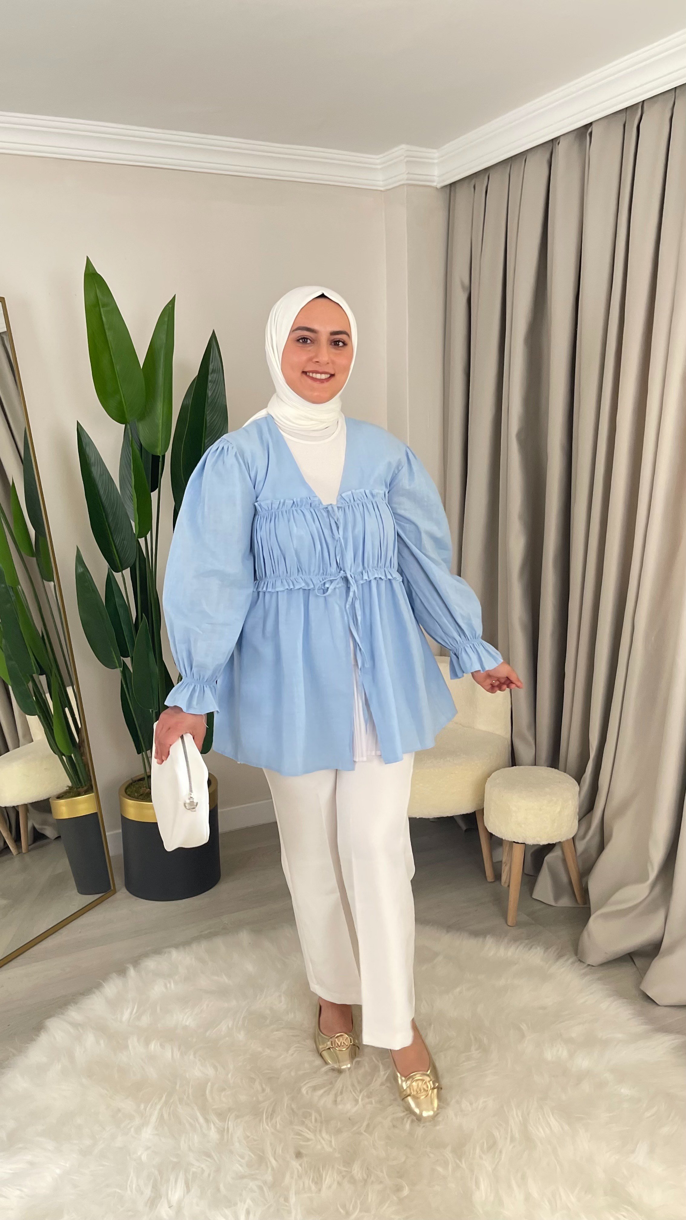 HERA Büzgülü - İp Bağlama Detaylı Keten Kumaş Kimono Gömlek