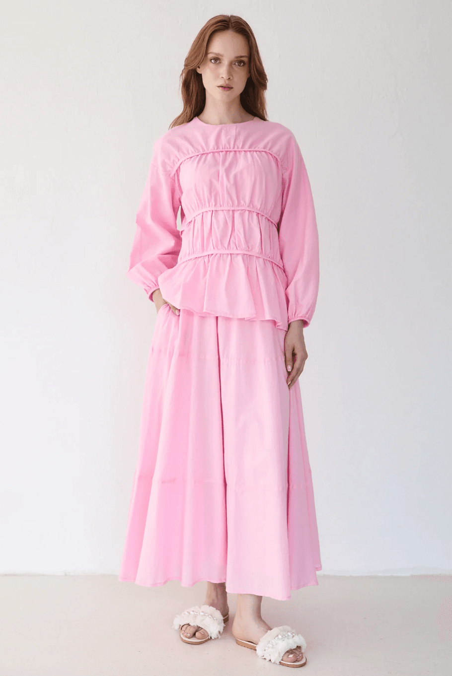 BADE Pamuklu Vual Kumaş İkili Etekli Takım - Pembe