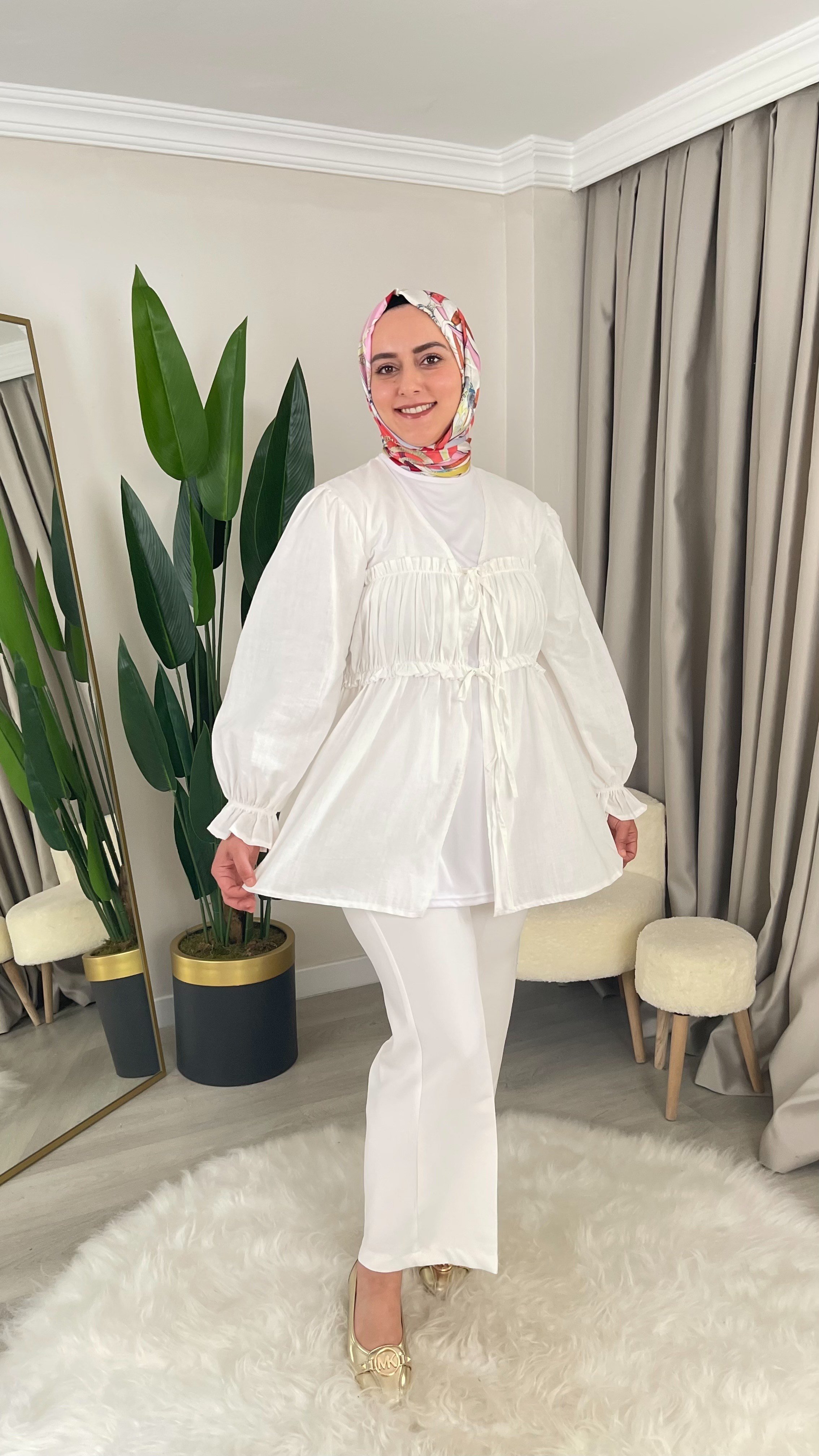 HERA Büzgülü - İp Bağlama Detaylı Keten Kumaş Kimono Gömlek - Beyaz