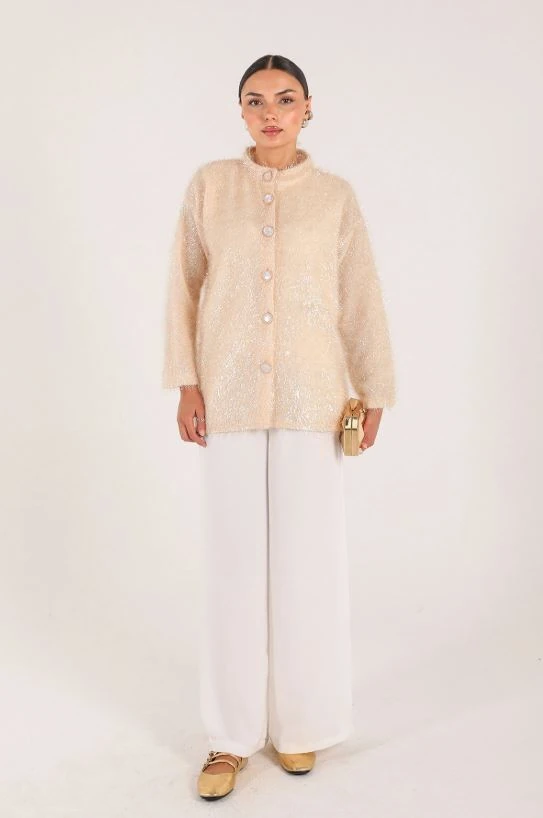 GÖNÜL Sakallı Kumaş Düğmeli Hırka - Krem