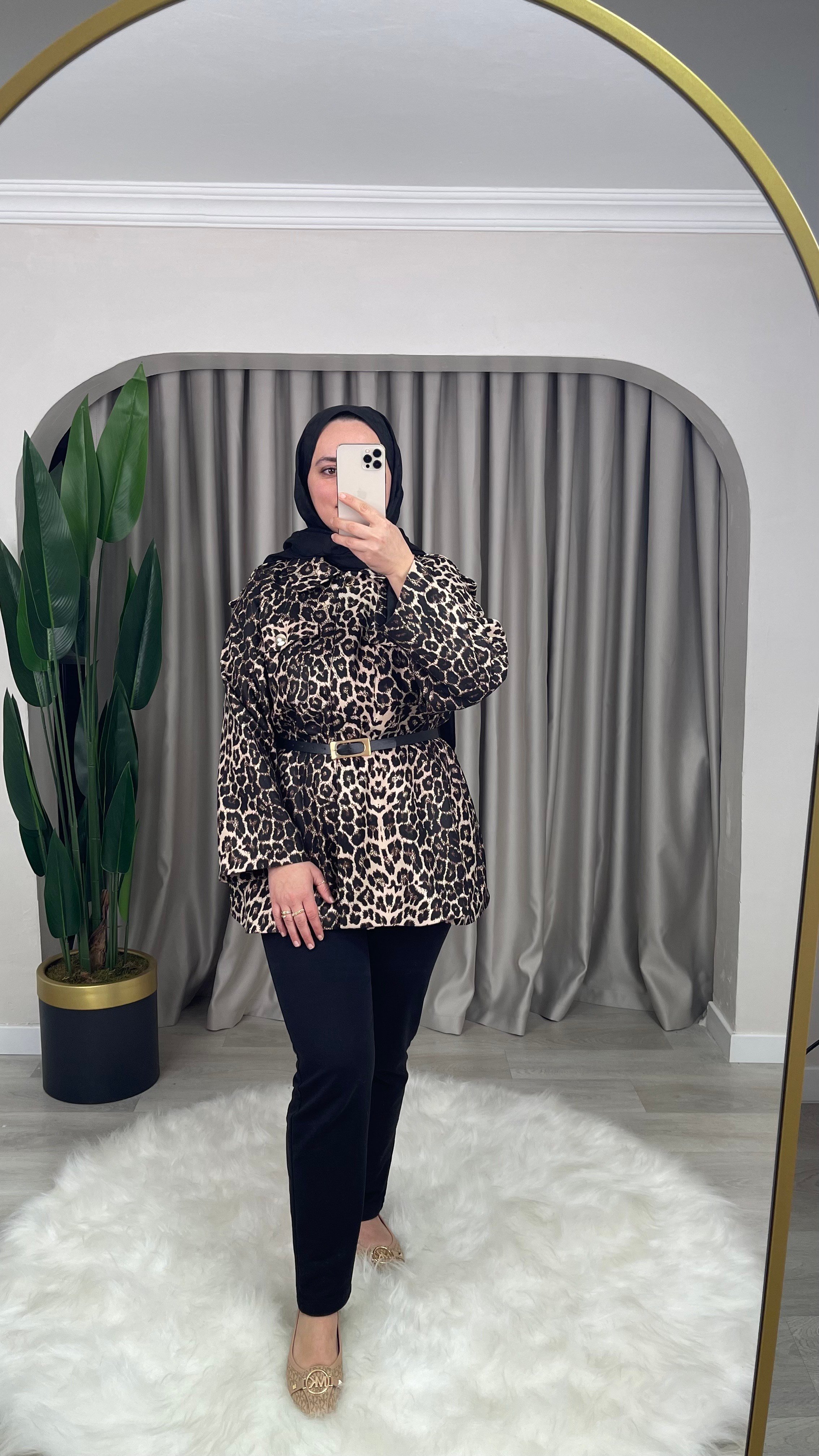 Namur Kemerli Astarlı Leopar Ceket-Bej