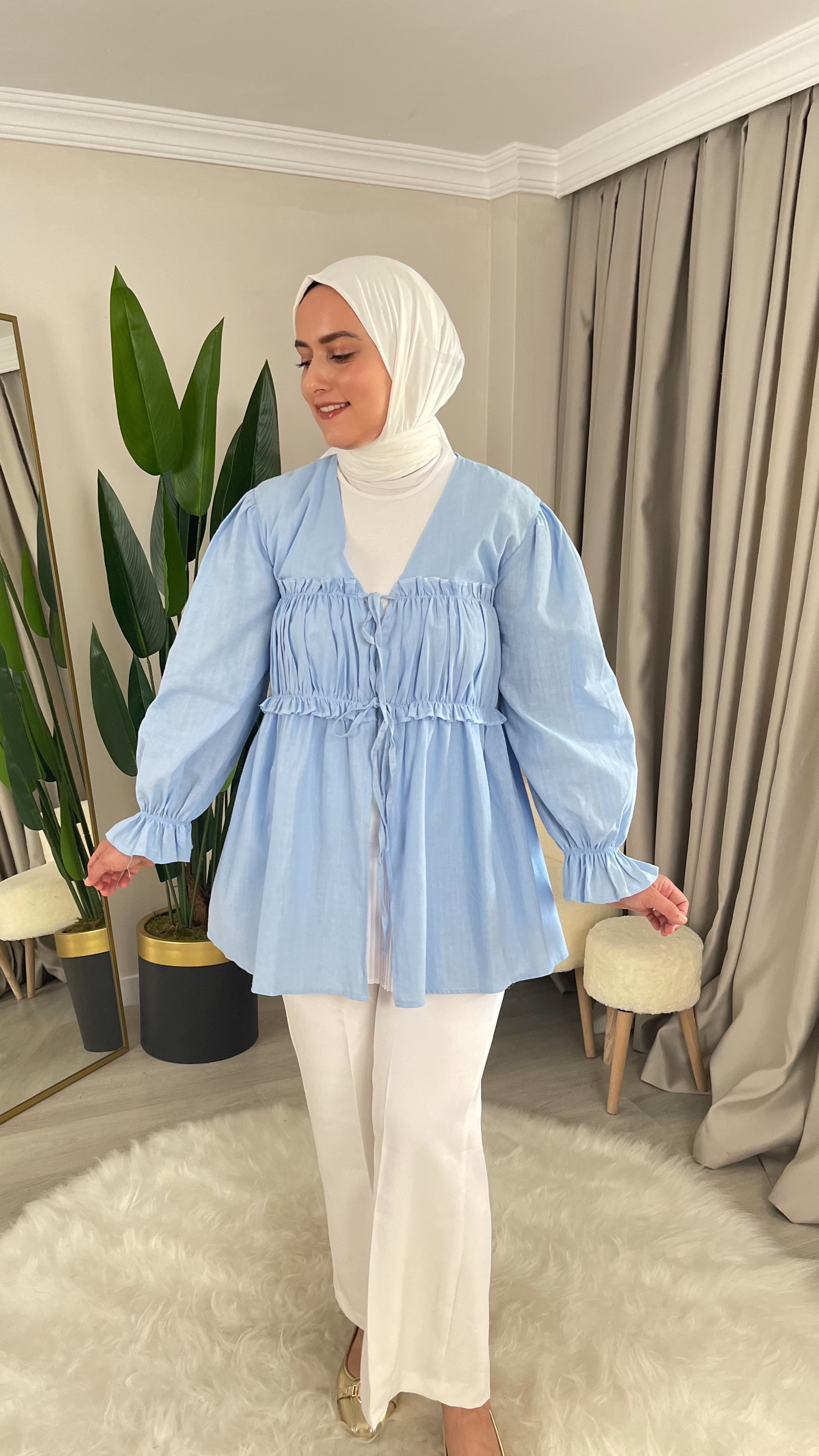 HERA Büzgülü - İp Bağlama Detaylı Keten Kumaş Kimono Gömlek - mavi