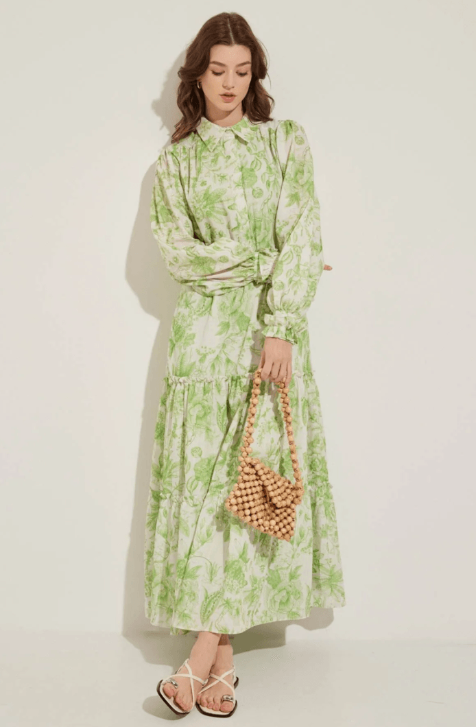 SOFT FLORAL KETEN ELBİSE - YEŞİL