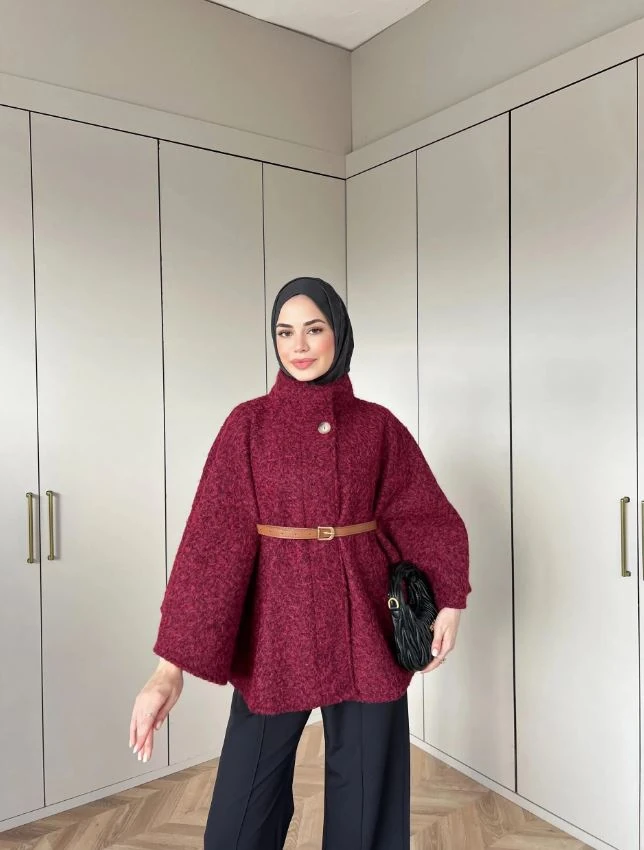 JASMİN Kemerli Düğmeli Kaşe Panço