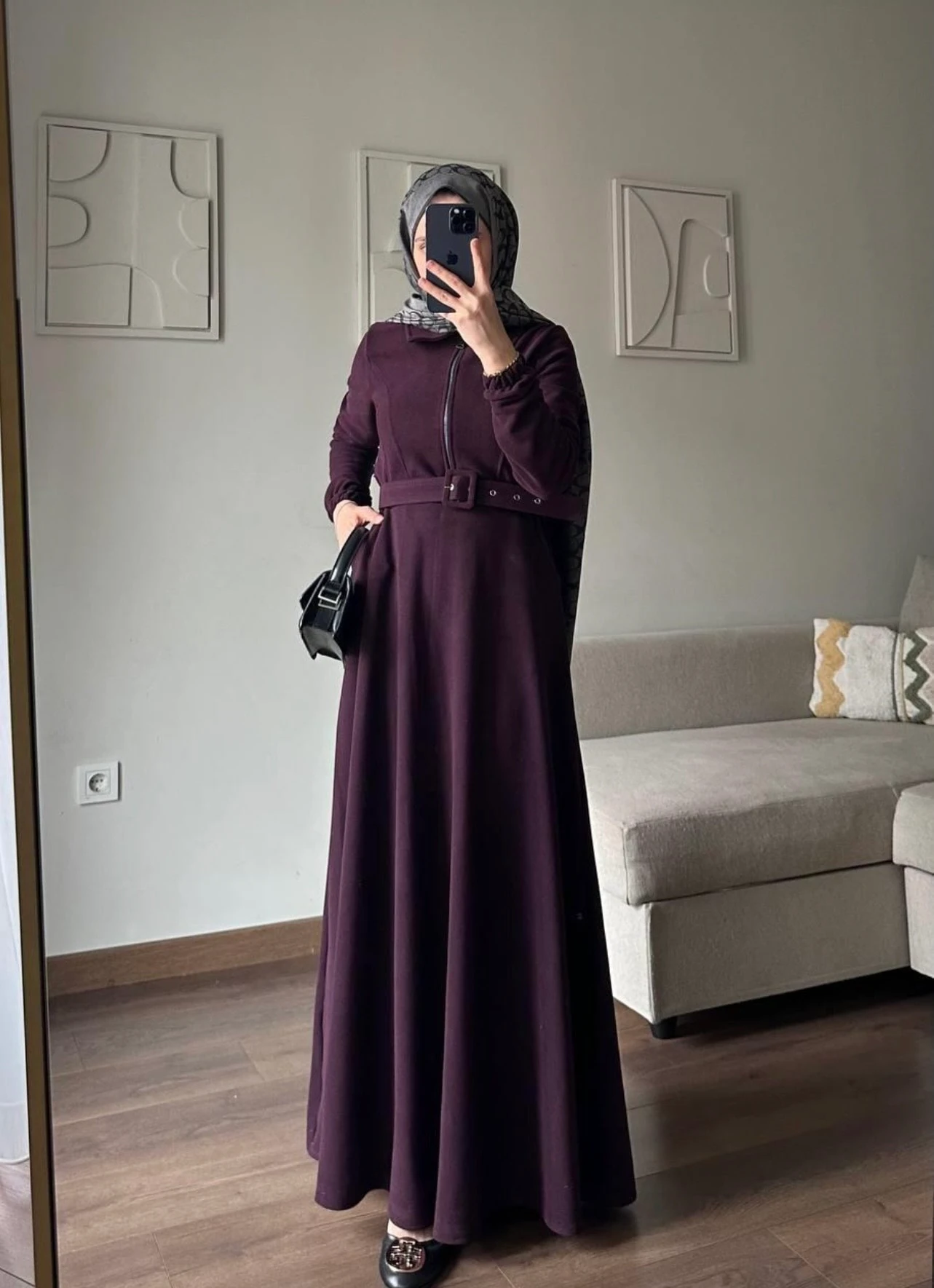 FERİHA Örme Kumaş Fermuarlı Kemerli Uzun Elbise  - Bordo