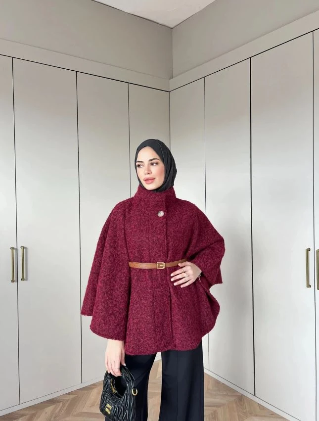 JASMİN Kemerli Düğmeli Kaşe Panço - Bordo