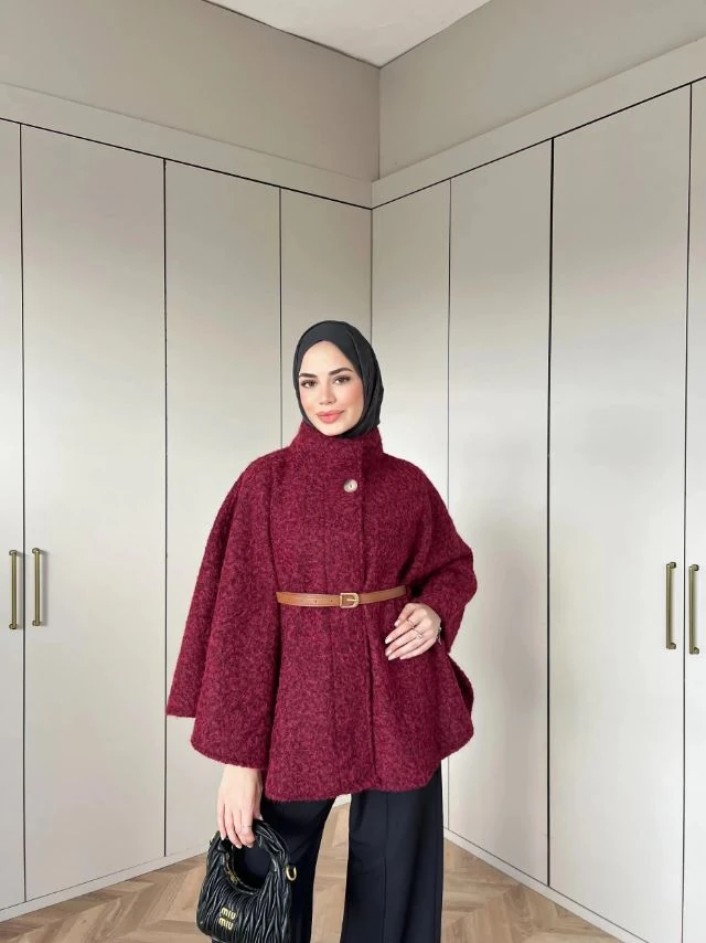 JASMİN Kemerli Düğmeli Kaşe Panço