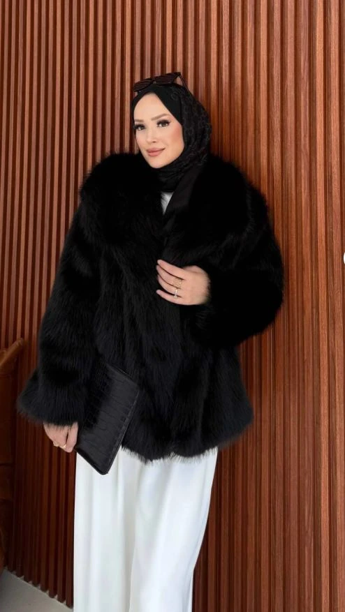 ELENİ Astarlı Cepli Suni Kürk Ceket - Siyah