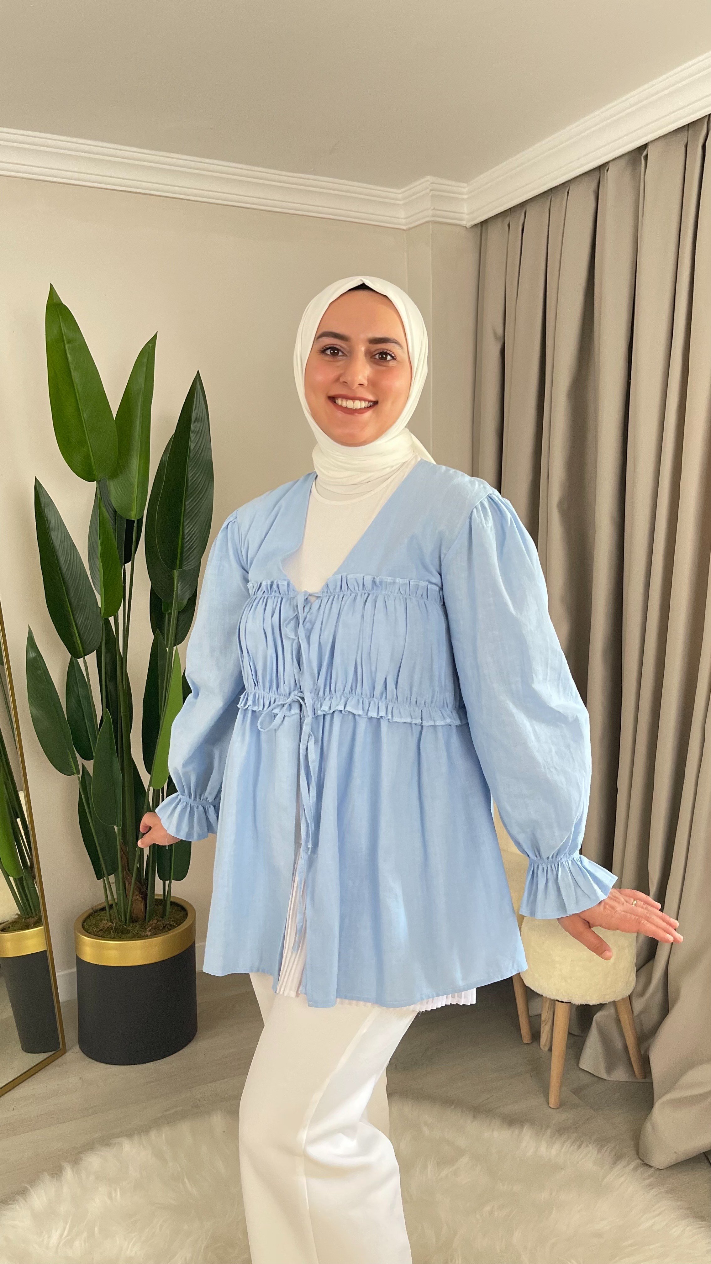 HERA Büzgülü - İp Bağlama Detaylı Keten Kumaş Kimono Gömlek