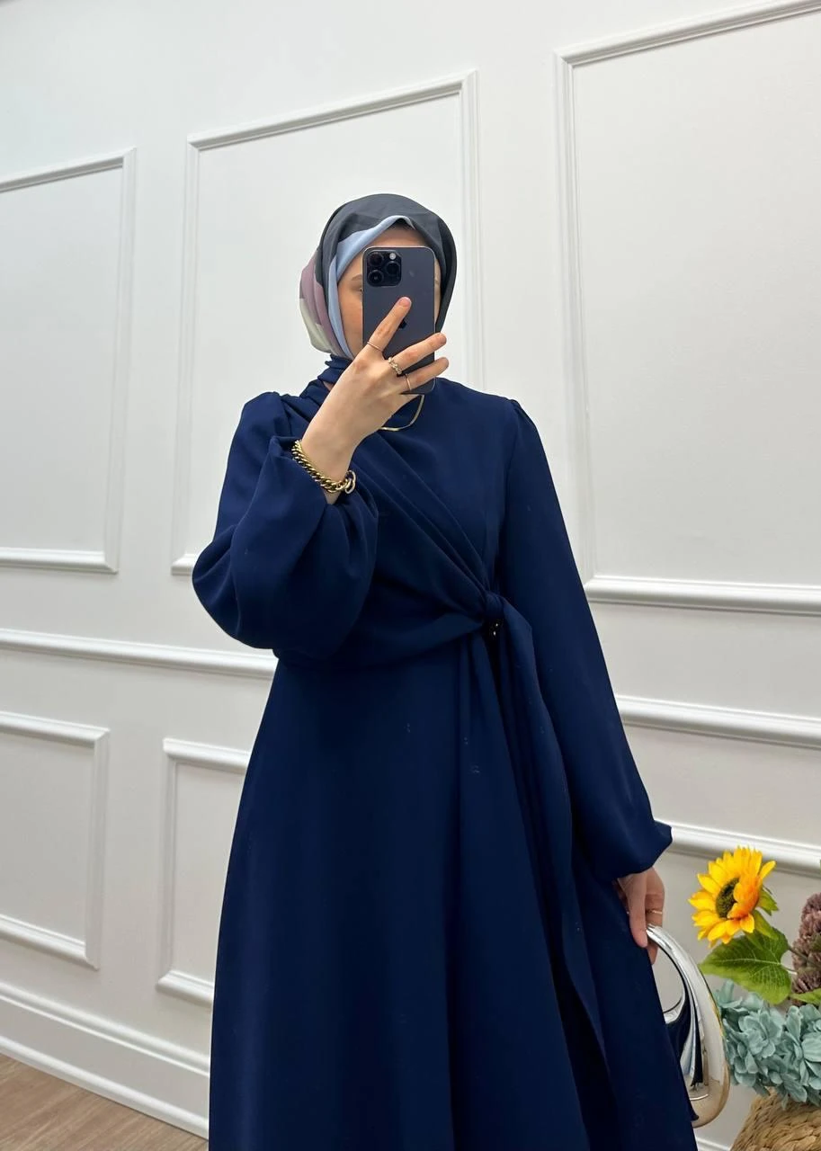 HÜLYA Balon Kol- Yandan Bağlama Detaylı Krep Kumaş Elbise