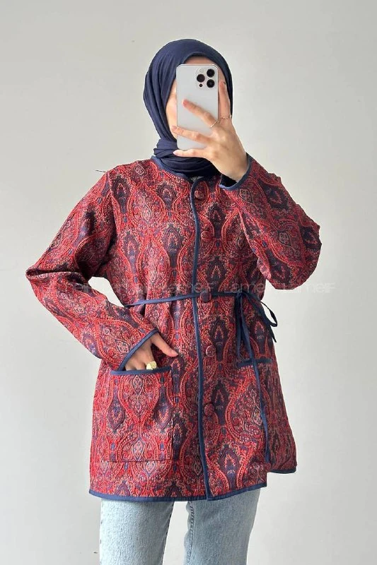 LARA Düğmeli Çift Cepli Desenli Ceket - Lacivert-Bordo